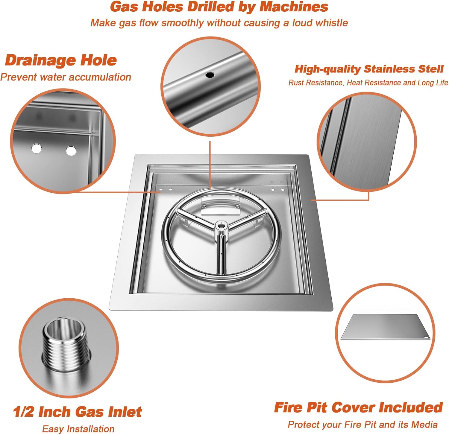 Skyflame 12 inch Square Stainless Steel Drop in Fire Pit Burner Pan with Burner Ring and Protective Cover, Outdoor DIY Firepit Kit for Both Natural Gas and Liquid Propane