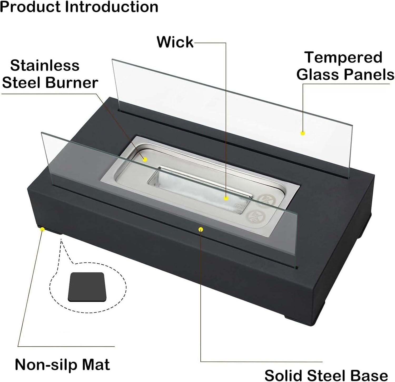 Stainless Steel Rectangular Table Top Fire Pit with Glass Wind Guard - Hurricane Candle Holder, Stable Base, Outdoor Patio Fireplace for Garden, Camping - Ideal