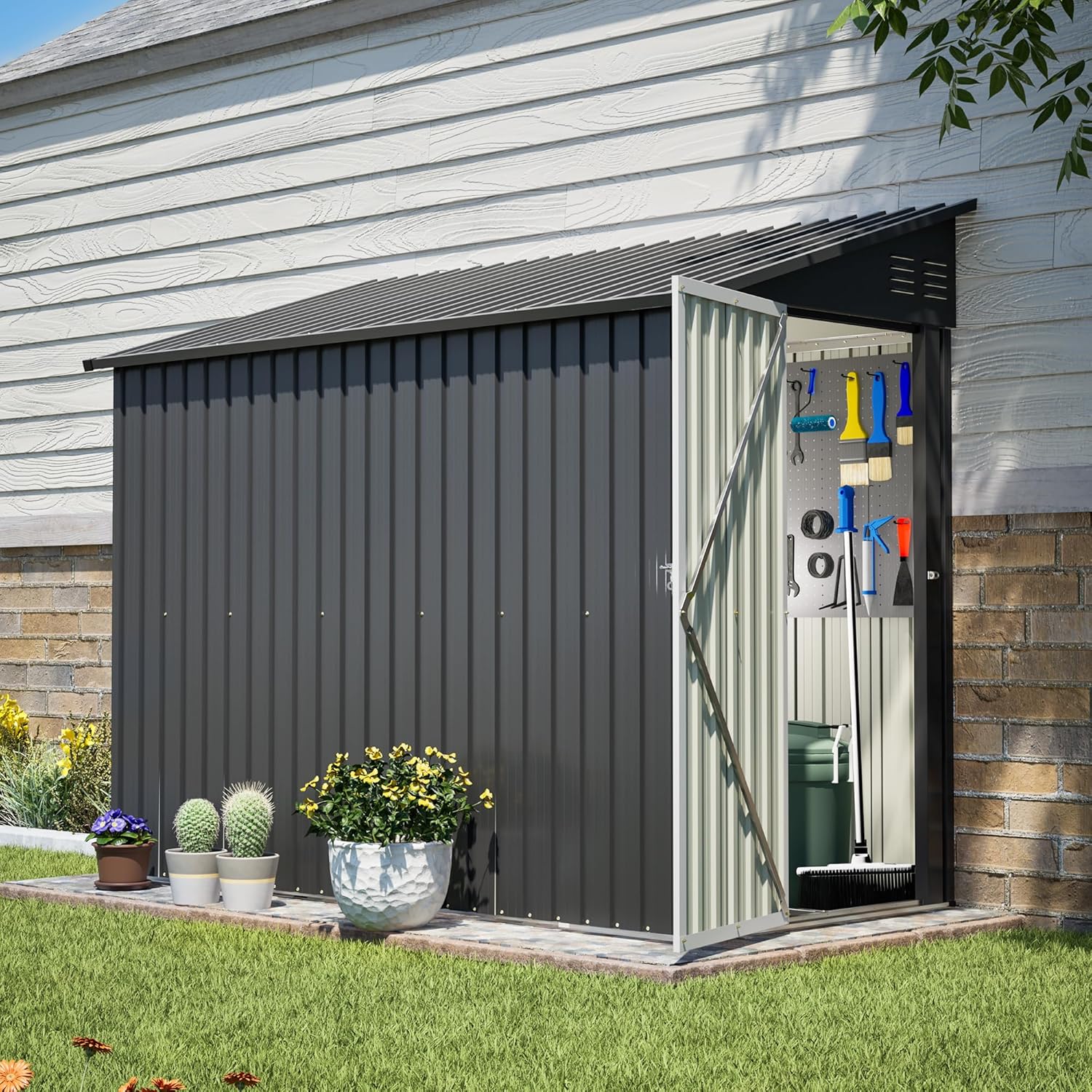 4x8 FT Lean to Outdoor Storage Shed,Metal Shed W/Floor Frame & Reversible Installation,All Weather Waterproof Garden Tool House W/Lockable Door & 2 Air Vents,for Backyard,Patio,Lawn,Black