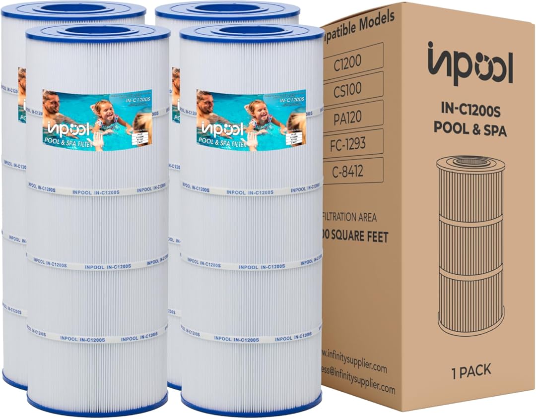 IN-C1200S – Pool Filter and spa Filter Cartridge, Compatible with Hayward C1200, Pleatco PA120, Filbur FC-1293, Unicel C-8412, Ultra-B2,120 Square feet for in ground Pools (Pack 4)