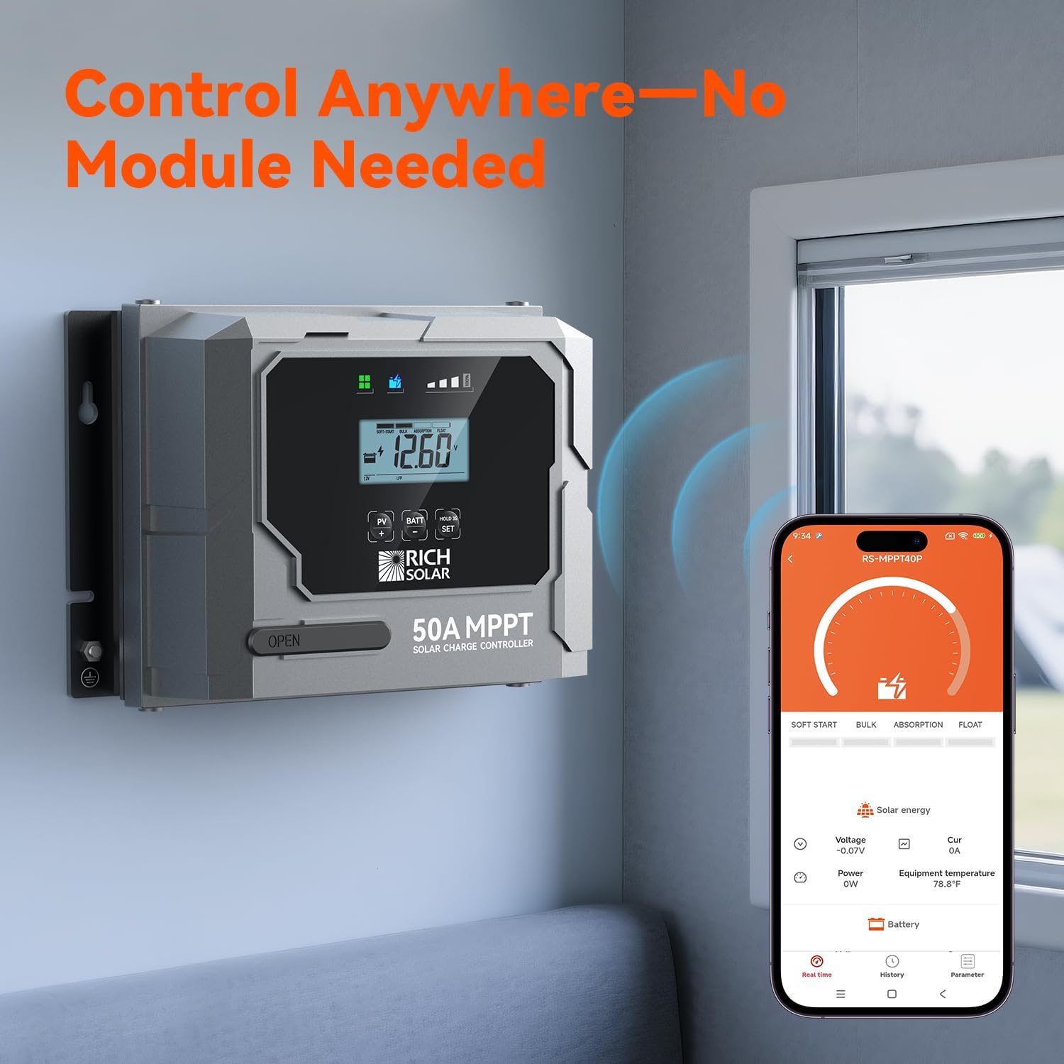 RICH SOLAR Bravo 50 | 50A MPPT Solar Charge Controller with Bluetooth – 12V/24V Auto-Detect, Lithium & Lead-Acid Battery Support for RVs, Campers & Off-Grid Systems