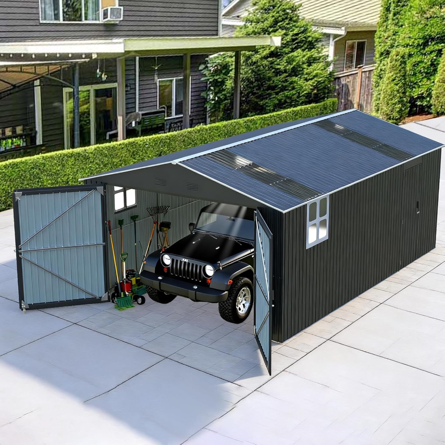 13x20 FT Outdoor Storage Shed, Large Metal Garage Sheds with Two Windows and Two Translucent Panels,Tool House w/Free Light Panet & Sloped Roof,for Car,Truck,Bike,Lawnmower,Tool,Dark Gray