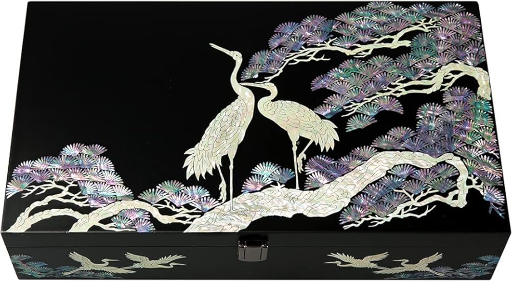 Antique Alive Mother of Pearl Wood Sunglasses Box Eyeglasses Valet Display Storage Case for Glasses, Watches, Jewelry, Trinkets Wooden Accessory Organizer Gift (Crane & Pine Black)