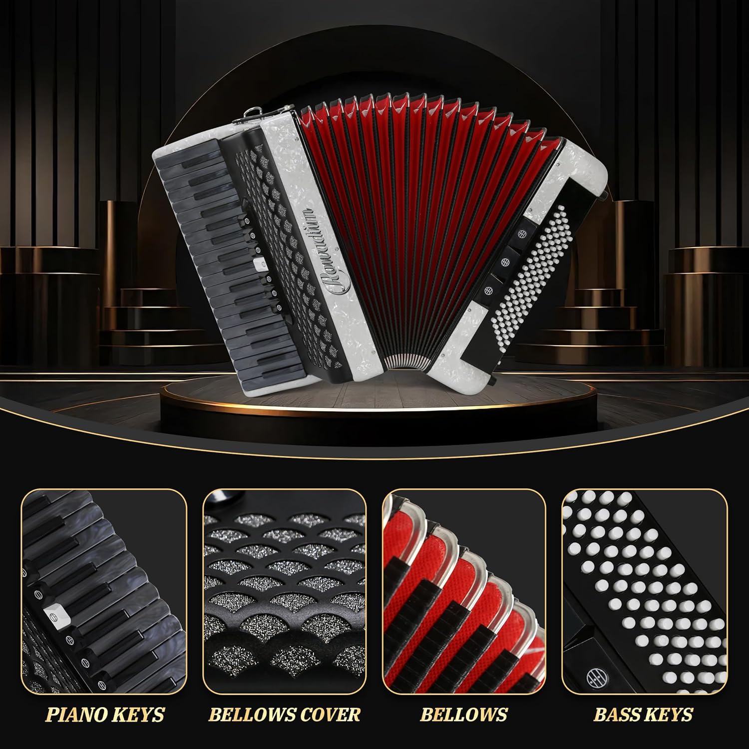 Accordion - 37 Key 96 Bass Professional Model for Beginners to Advanced Players, Includes Adjustable Strap & Backpack – Ideal for Classes, Practice & Live Performance (White)