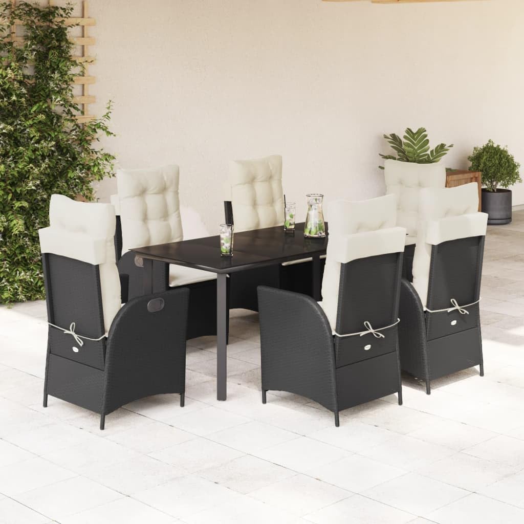 Furniture Sets 7 Piece Patio Dining Set with Cushions Black Poly Rattan,Outdoor Garden Furniture Set with 6 Adjustable Backrest Reclining Chairs and Glass Table Garden Conversation Sets