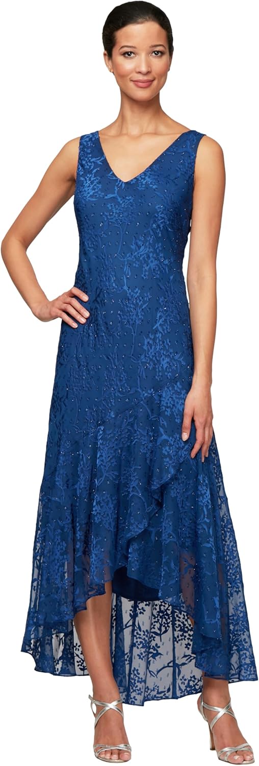 Alex Evenings Womens Sleeveless Printed Chiffon Midi Spring/Summer Mother of The Bride Dress with Jacket & High-Low Hemline