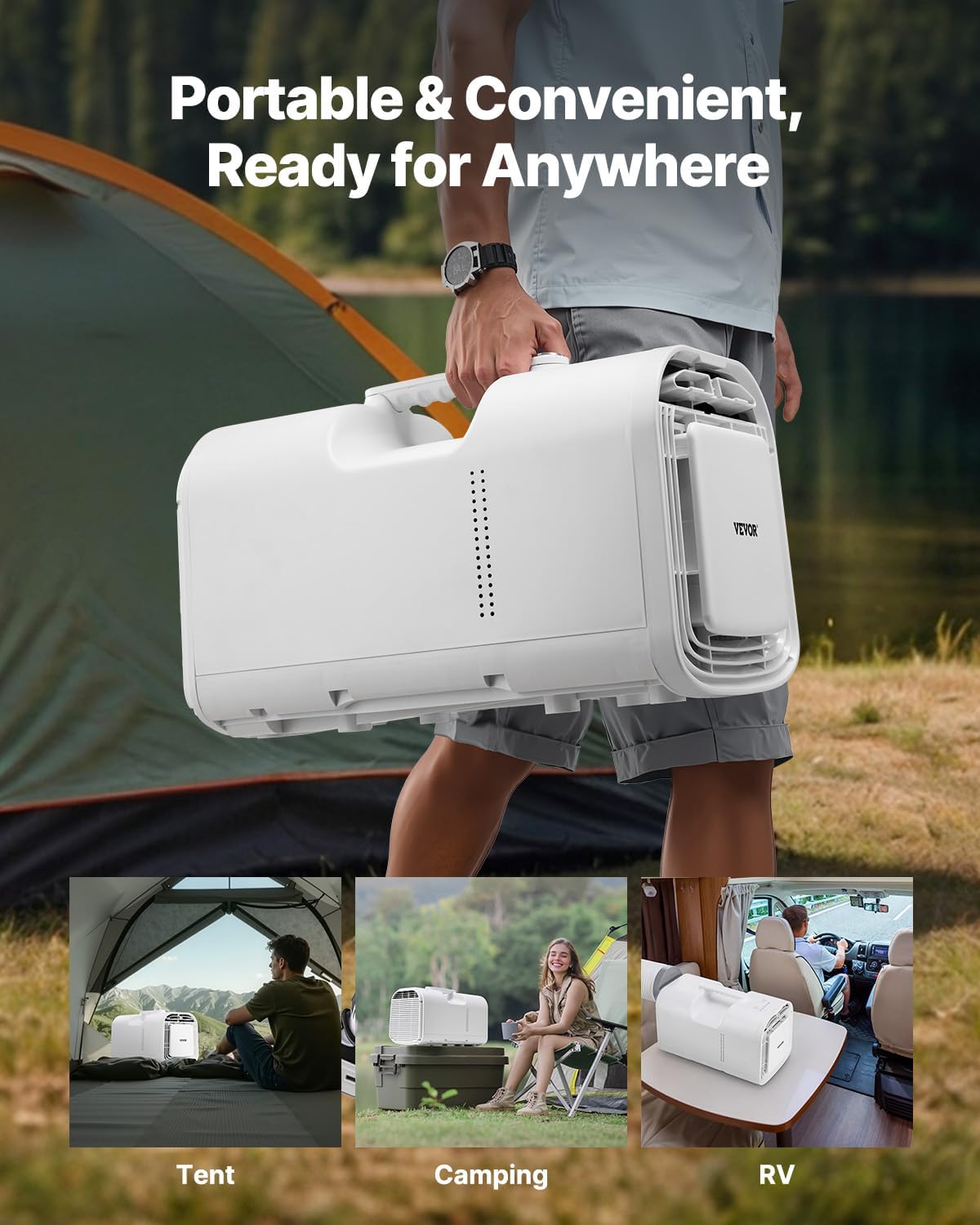 VEVOR Portable Air Conditioner, 4250 BTU 3-Speed Air Conditioning Unit with 24H Timer, Remote-Control Air Portable AC Adjustable Temperature 16-32℃, for Outdoor Tent Camping, RVs or Home Use, White