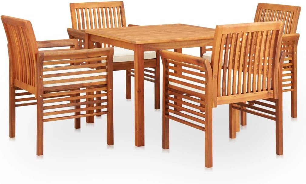 5-Piece Outdoor Dining Set, Brown Solid Acacia Wood Patio Furniture, Square Table & 4 Chairs, Weather-Resistant for Garden, Balcony