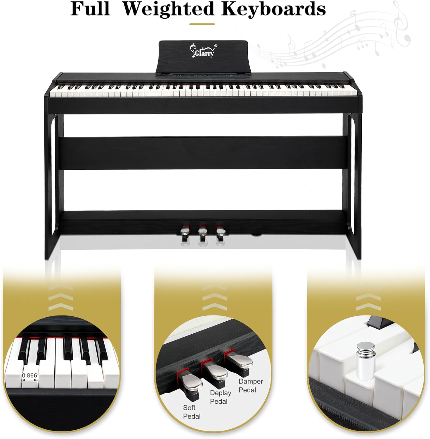 GLARRY Digital Piano 88-Key Home Full Weighted Hammer Heavy Action Digital Piano for All Experience Levels, Beginer, Portable Electric Keyboards Piano, Triple Pedals (Black)