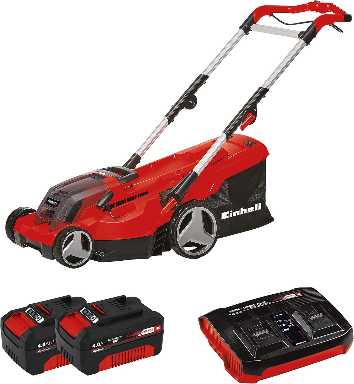 Einhell GE-CM 36-Volt Cordless 15-In Walk Behind Push Lawn Mower w/ 6-Position Height Adjustment, Adjustable Handle, 11.9 Gal Capactiy Collection Bag, Kit (w/2x 4.0-Ah Battery + Dualport Fast Charger)