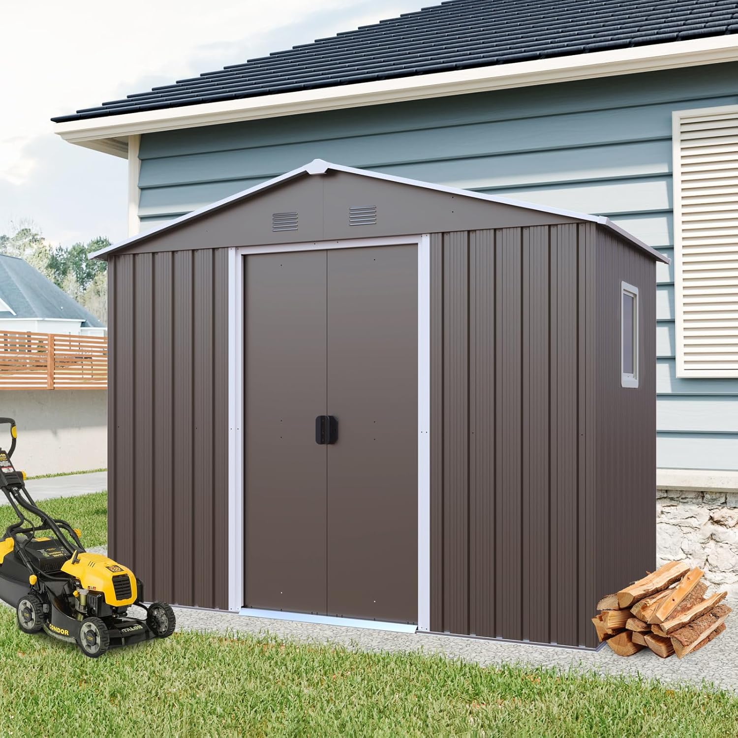ESPIDOO 8ft x 4ft Metal Storage Shed: Electro Galvanized Steel Garden Tool House with Sliding Door & Ventilation - Backyard Storage Solution for Homeowners DIY Assembly Included