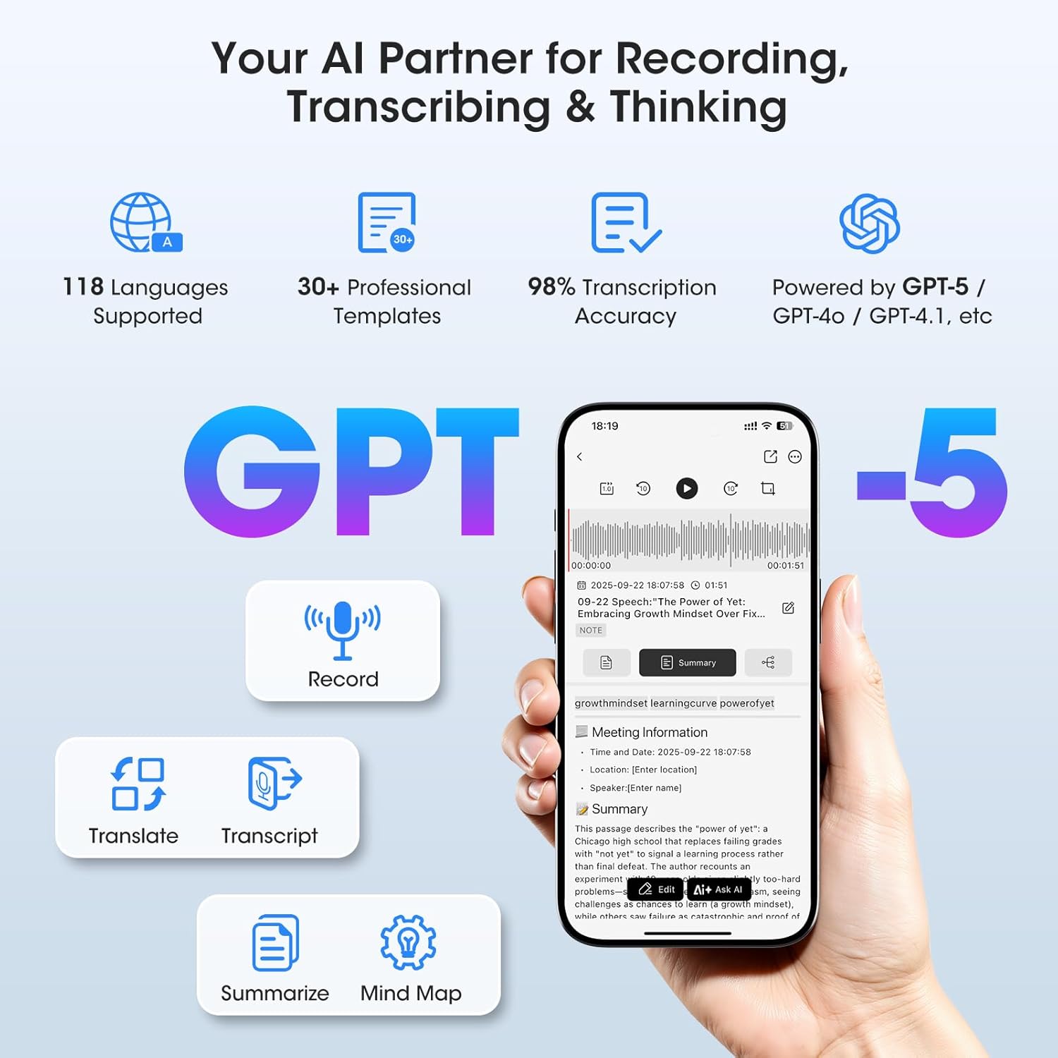 AI Voice Recorder - AI Note Taking Device with Transcribe & Summarize, Support 118 Languages, 64GB APP Control, AI Noise Cancellation, Clear Audio Recorder for Lectures, Meetings, Calls