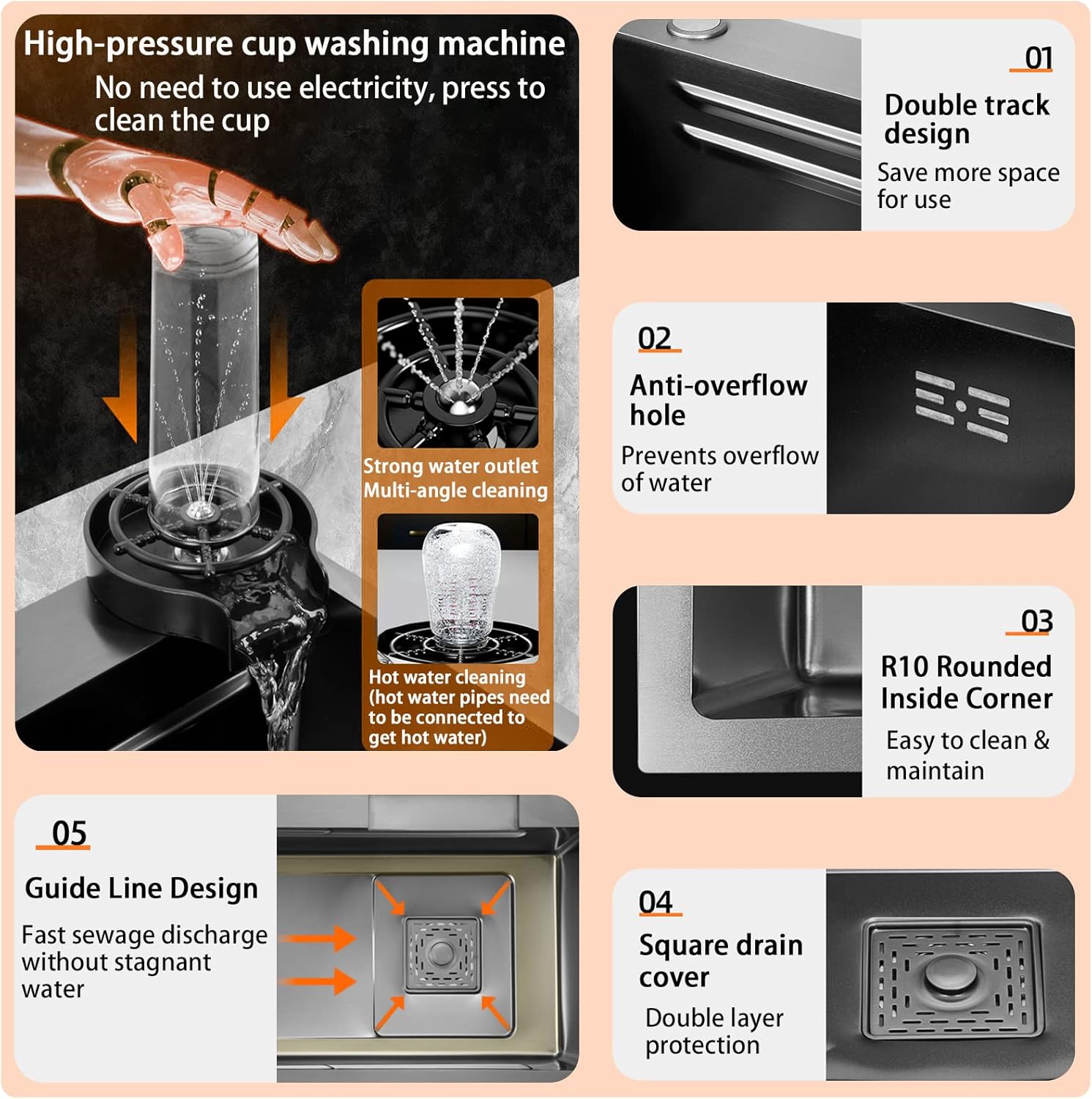 Multifunctional waterfall kitchen sink with waterfall faucet with cup washer and other sink accessories (Modern, Black-Grey)