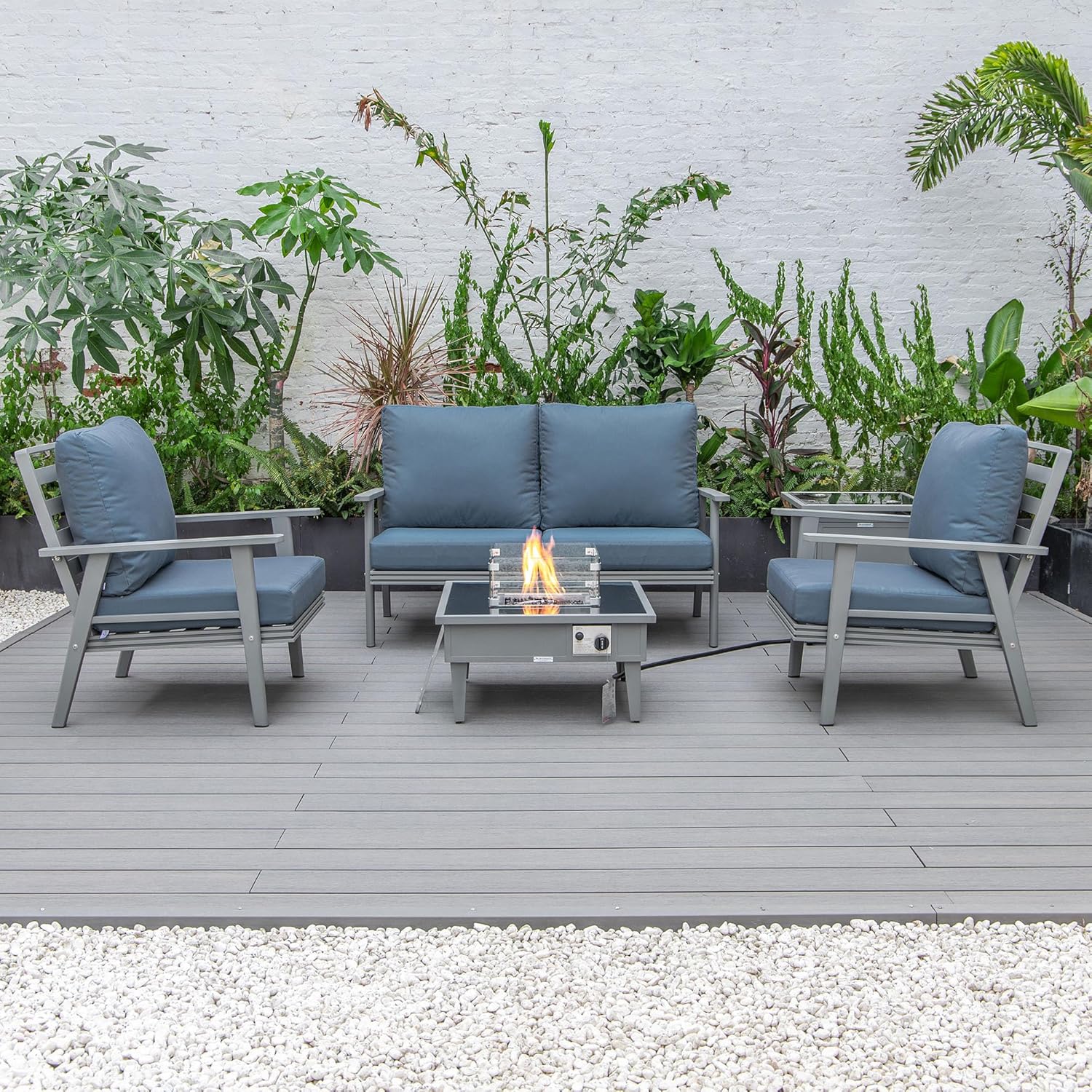 LeisureMod Walbrooke Modern Aluminum 5-Piece Patio Conversation Set with Outdoor Square Fire Pit Table & Side Table Tank Holder (Navy Blue)