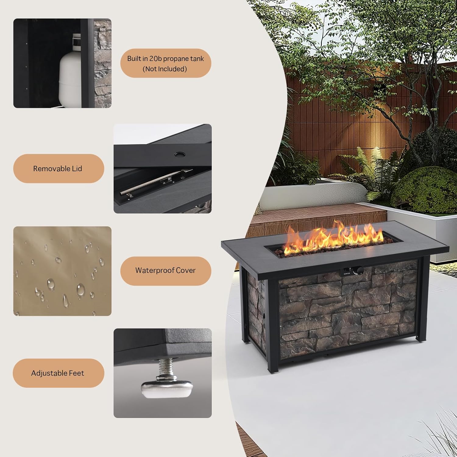 48'' Rectangular Outdoor Propane Fire Pit Table, 50000 BTU Patio Heater with Stone-Look Panel, Ceramic Tabletop & Aluminum-Coated Steel Tube Legs, Lava Rocks, Metal Lid and Rain Cover