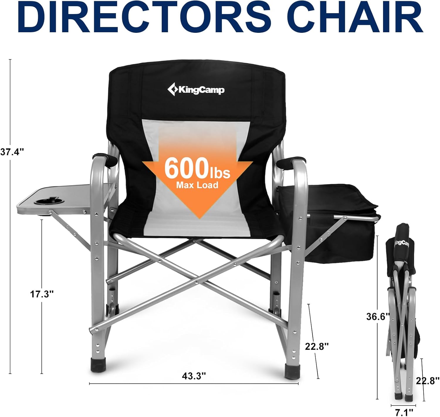 KingCamp XXL Oversized Directors Chair with Side Table, Heavy Duty Camping Chairs 600lbs with Cooler Bag, Portable Folding Camp Chair with Wide Seat for Camping Hiking Fishing Lawn Outdoor and Sports