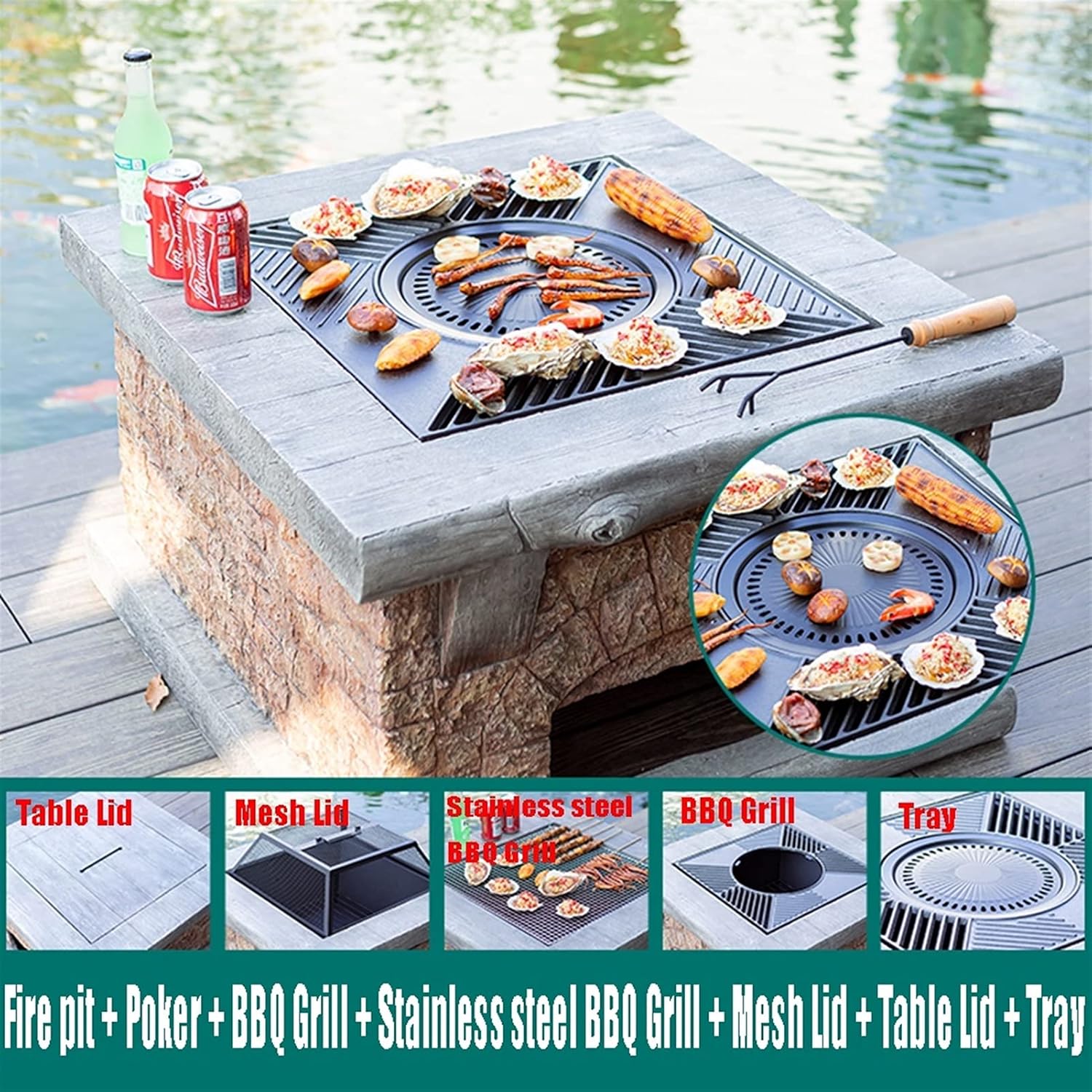Outdoor Fire Pit Outdoor Wood Fire Pit BBQ Grill Table, Backyard Patio Garden Party Barbecue Fireplace, Magnesia Material, Anti-Freezing and Heat-Resistant