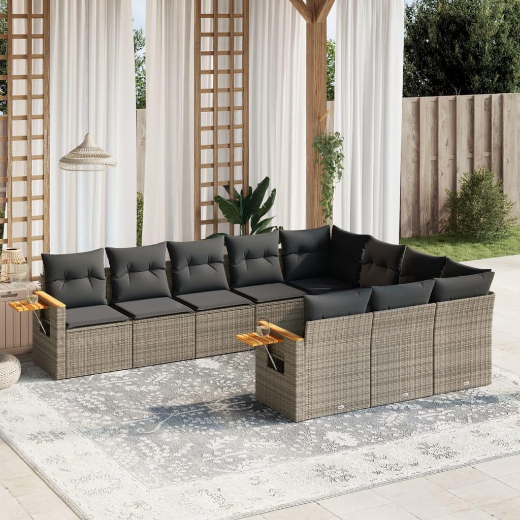 10-Piece Modular Garden Sofa Set, Grey Poly Rattan Outdoor Furniture with Acacia Wood, Patio Dining Seating for 10 People, Balcony Terrace