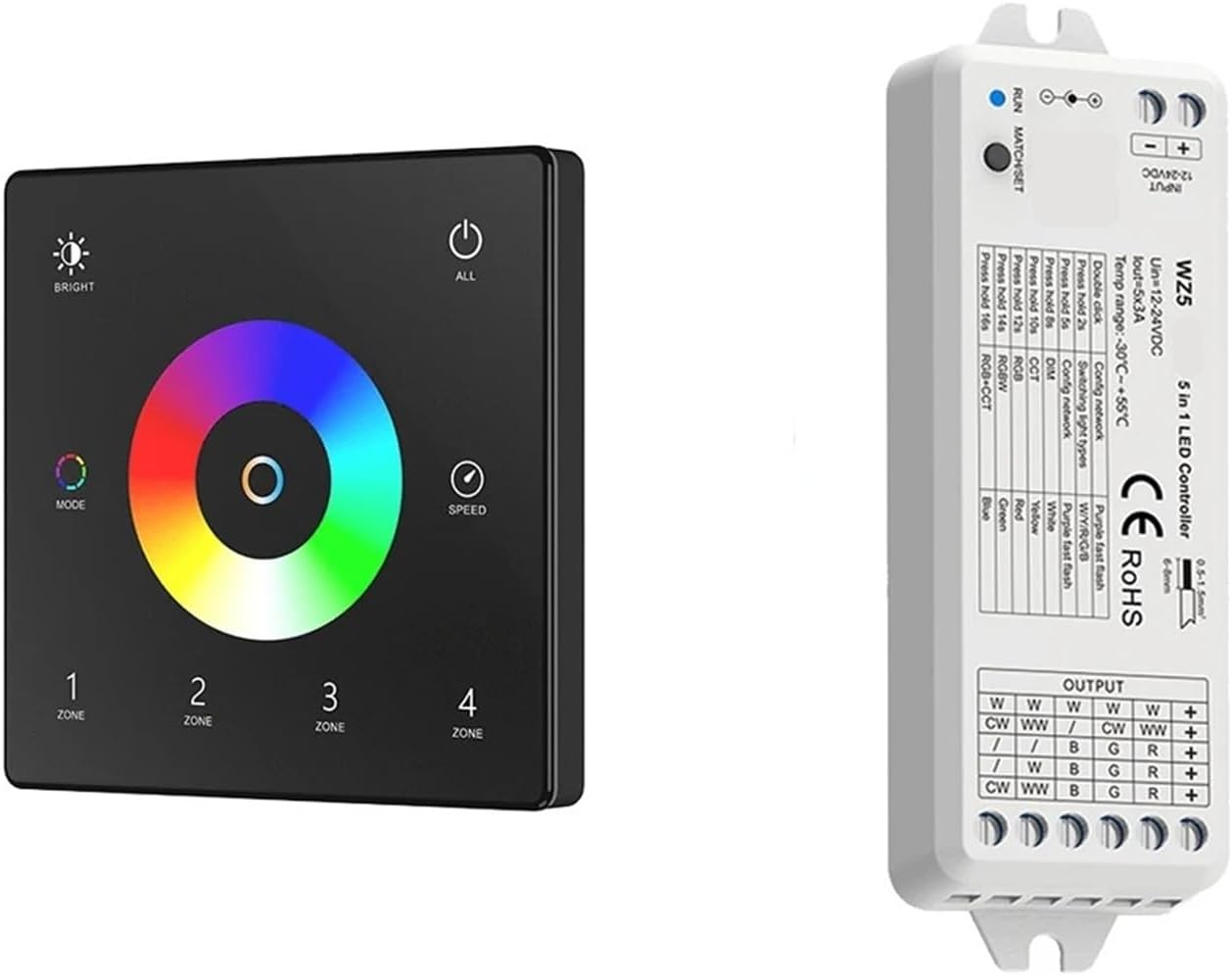5 in 1 LED Controller 4 Zone Touch Panel LED Light Strip Dimmer Kit DC 12V 24V for Indoor Lighting(TW5-4 and WZ5 KIT)