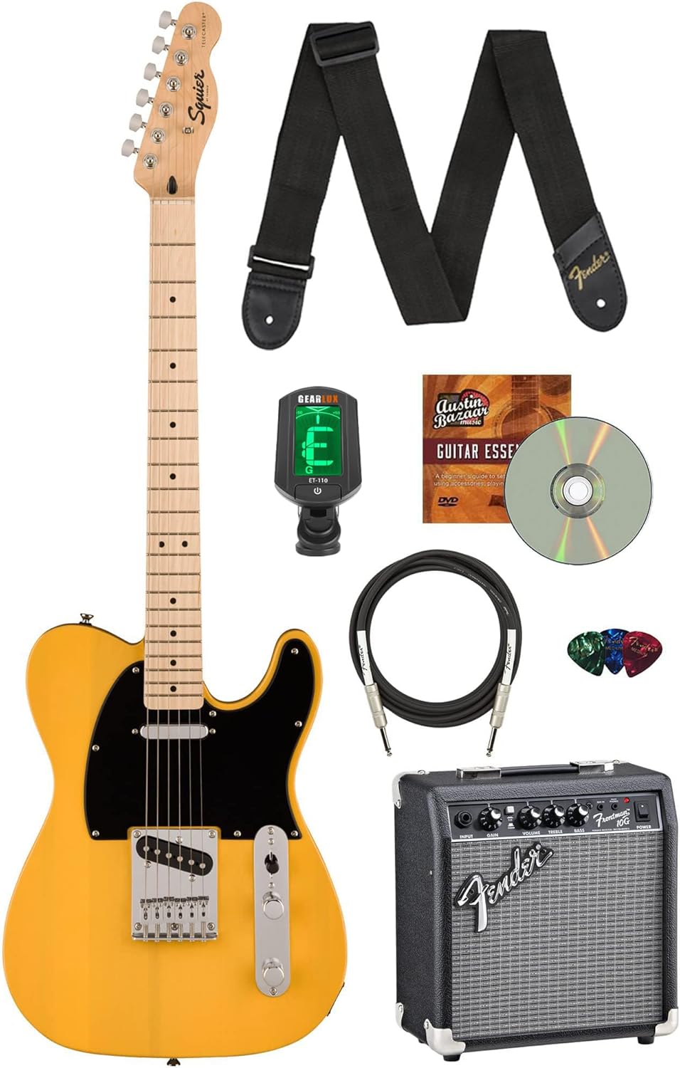 Fender Squier Sonic Telecaster - Butterscotch Blonde Bundle with Frontman 10G Amp, Tuner, Strap, Cable, Picks, and Austin Bazaar Guitar DVD