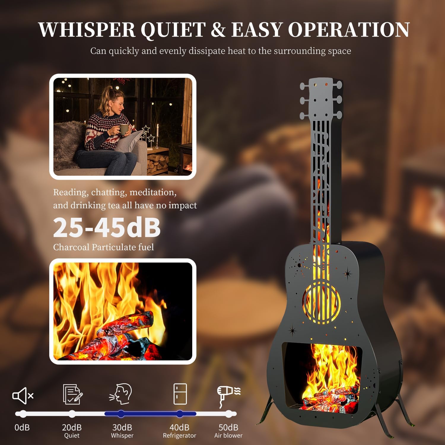 Outdoor Fire Pit for Wood Burning, Fire Pits for Outside, Guitar Shaped Chiminea Outdoor Fireplace, Wood Firepit for Patio, Portable Fire Pit for Camping