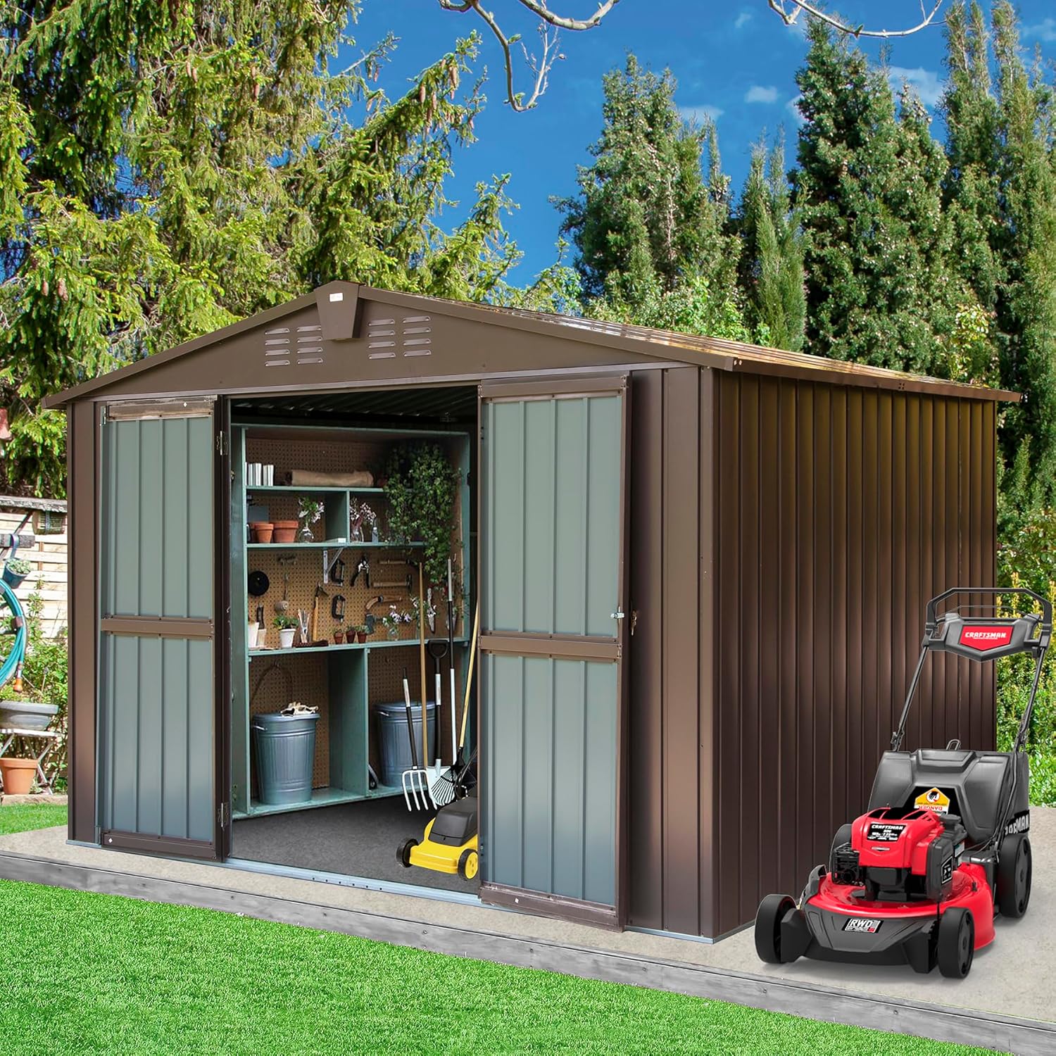 Domi Outdoor Storage Shed 10'x8', Metal Sheds Outdoor Storage with Lockable Doors & Air Vents for Patio Garden Lawn Backyard, (Brown)