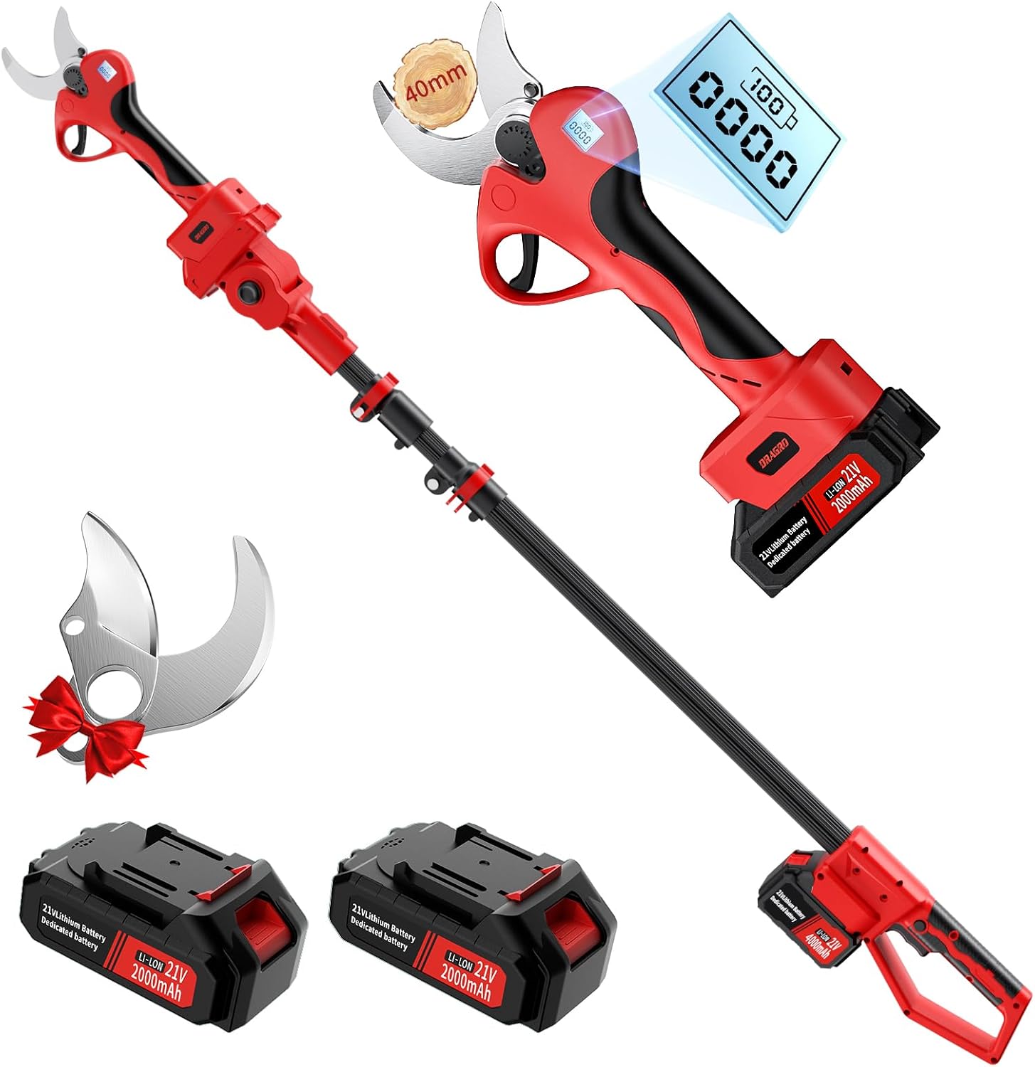 1.6Inch Cutting Diameter Electric Pruning Shears with 6 FT High Reach Extension Pole, Professional Cordless Pruning Shears with 2pcs Rechargeable 2Ah Lithium Battery Powered,LCD Display Screen