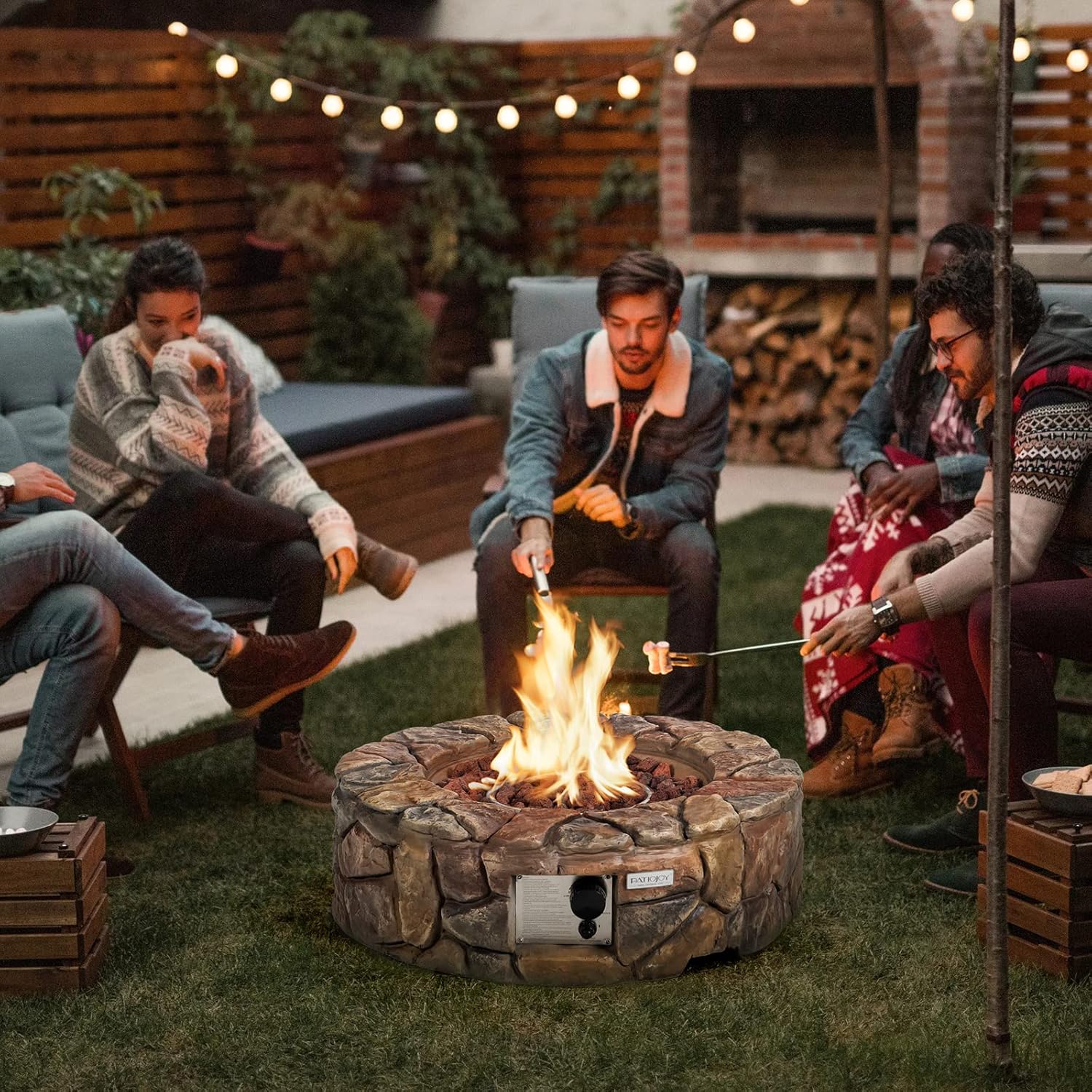 Tangkula 28 Inch Round Propane Gas Fire Pit, Patiojoy 40,000 BTU Stone Look Outdoor Propane Fire Pit with Lava Rocks & PVC Cover, Faux Stone Gas Fire Pit Table for Patio, Courtyard, Garden (Brown)