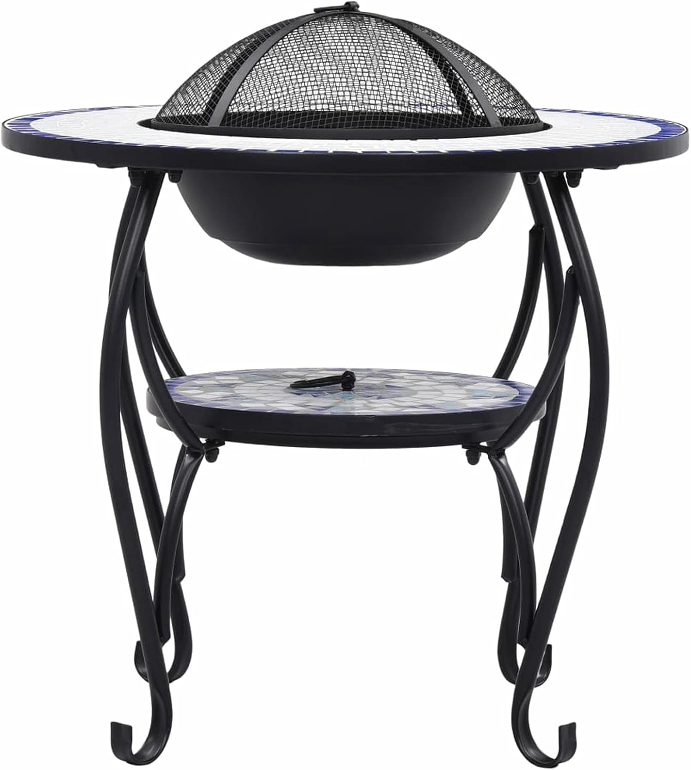 Mosaic Fire Pit Table, Ceramic Round Surface for Outdoor Heating and Barbecue, Blue and White, 26.8 Inch, Steel and Ceramic, for Garden or Patio