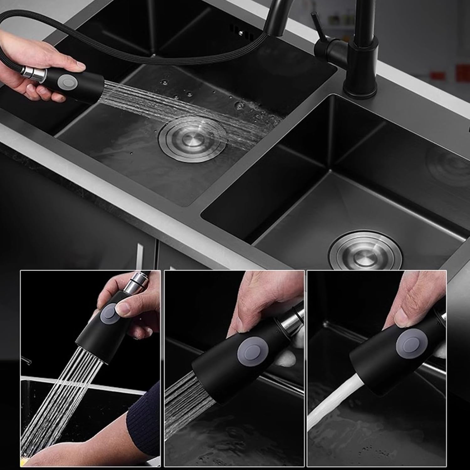 Kitchen Sink Tap,Black Kitchen Sink Double Bowl Sink Large Capacity Sink Stainless Steel Large Sink Including Faucet and Other Accessories (100x45x20cm)