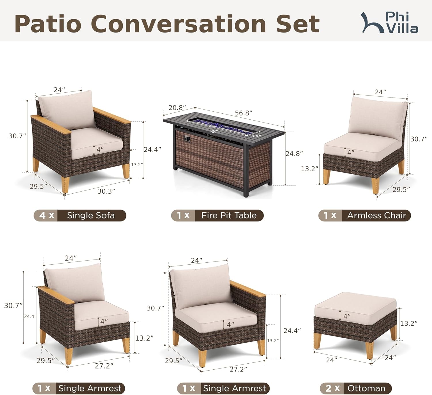 PHI VILLA 9-Seat Outdoor Wicker Furniture Set with 4-inch Thick Cushions, High Back Wicker Sofa with Gas Fire Pit Table for Cozy Patio Conversations in Elegant Beige (3 Seat Sofa)