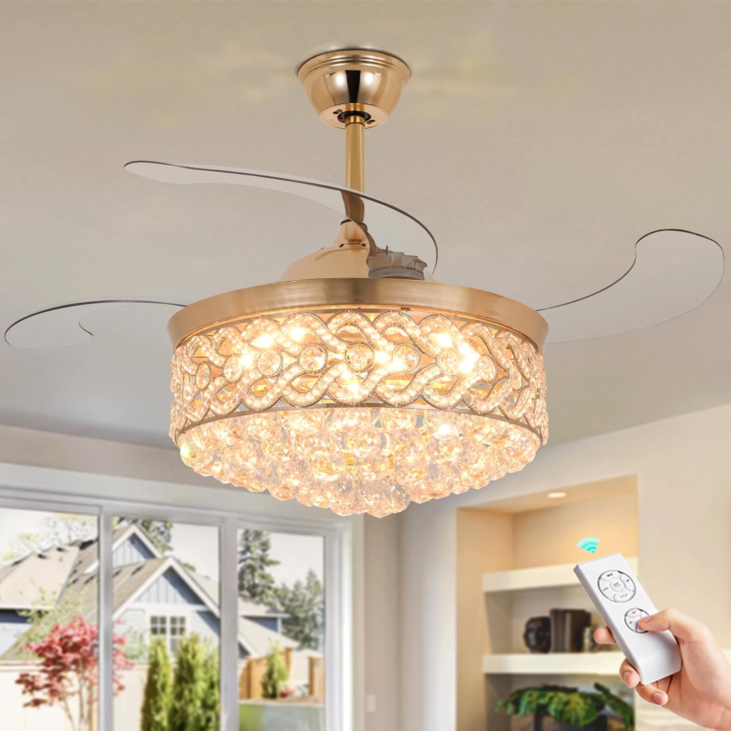 MORE CHANGE Modern 42” Crystal Ceiling Fan with Light and Remote Luxury Gold Retractable Ceiling Fan Chandelier with 3 Color Changes 3 Speeds Silent Motor Fandelier for Dining Room Bedroom