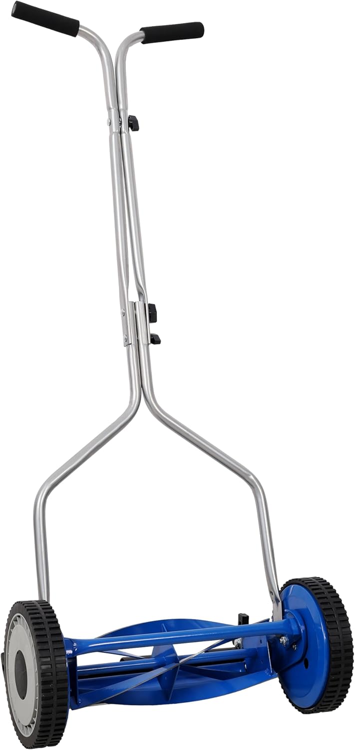 14in Push Lawn Mower, Manual Reel Mower with 5-Blade & Adjustable Cutting Height, Blue Outdoor Machine for Small Lawns with Removable Grass Catcher