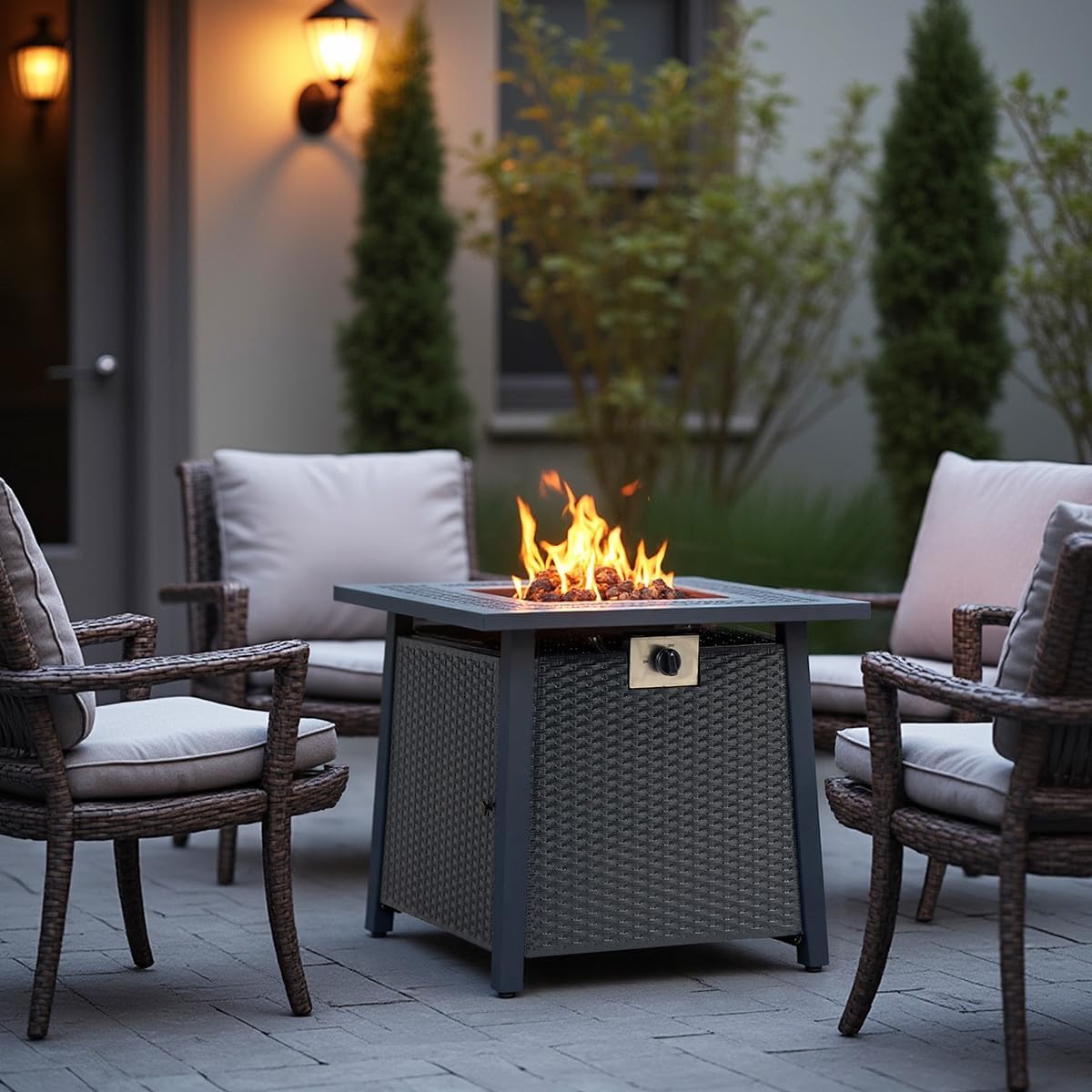 Outdoor Furniture Propane Fire Pit Table Square Tabletop Fire Pit with Wicker-Look Panels & Hidden Tank Storage Adjustable Flame Control Patio Deck Backyard