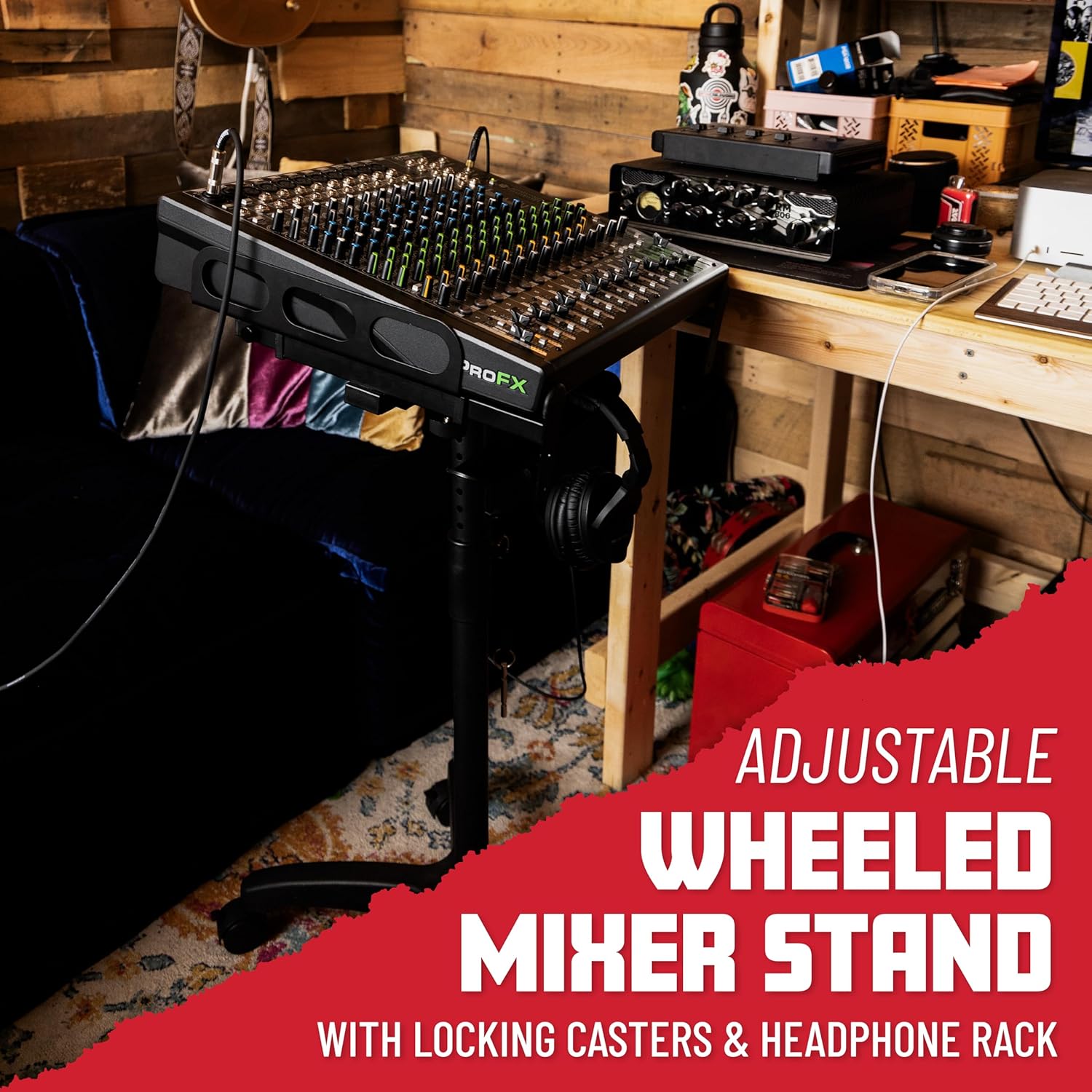 Gator Frameworks Adjustable Rolling Mixer Stand with Locking Casters and Headphone Hanging Rack, (GFW-MIXERCART-0400)