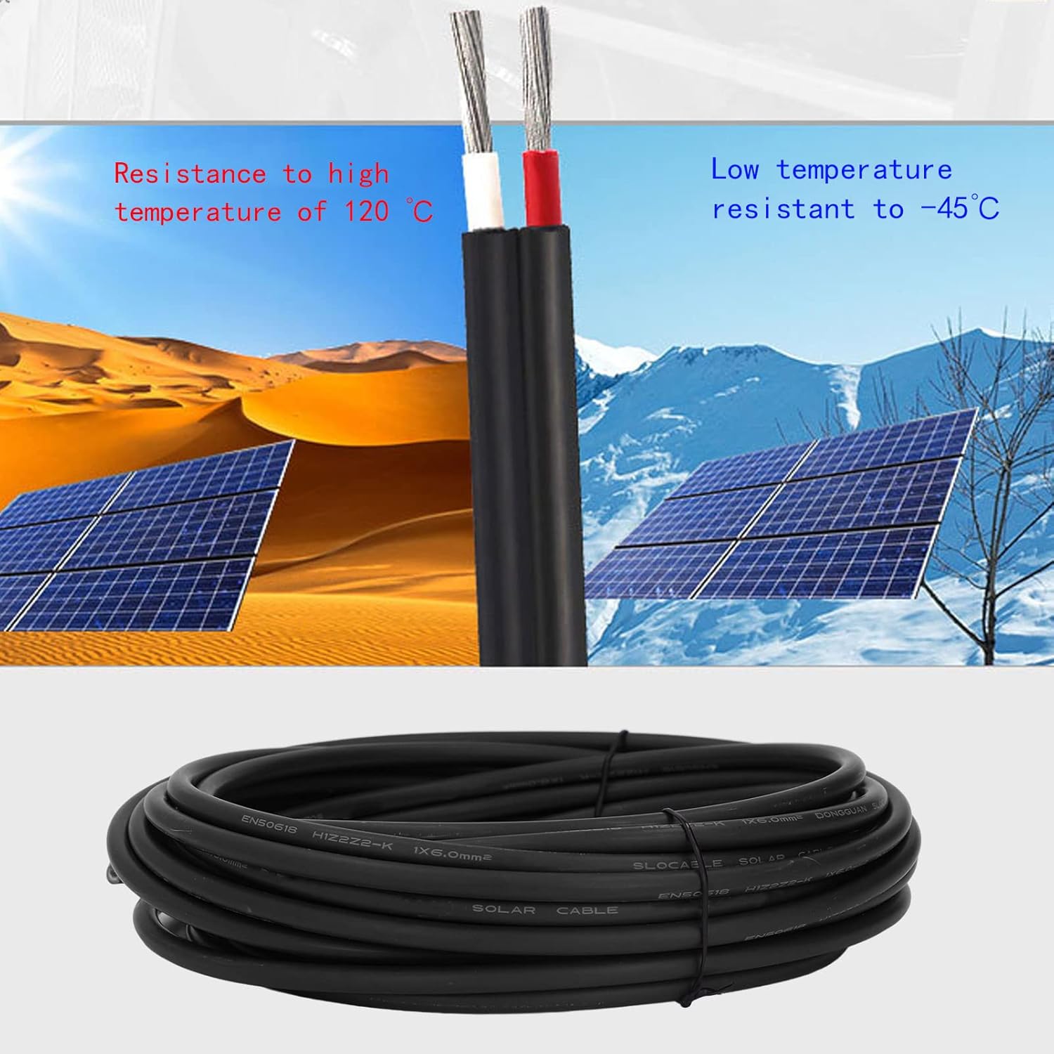 Solar PV Wire, 6 Photovoltaic Cable Solar Photovoltaic Cable Double Layer Insulation Tinned Copper, Solar and Wind Power Parts and Accessories (Black 50m/164ft)
