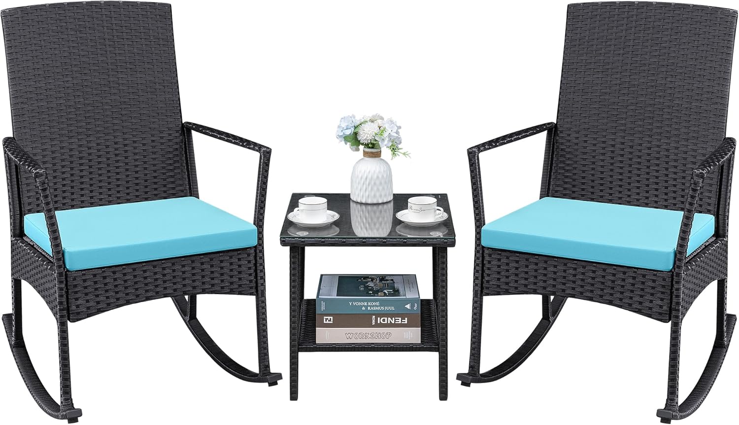 Greesum 3 Pieces Patio Furniture Set Outdoor Wicker Rocking Chairs with Glass Coffee Table for Garden Backyard Porch Poolside, Blue