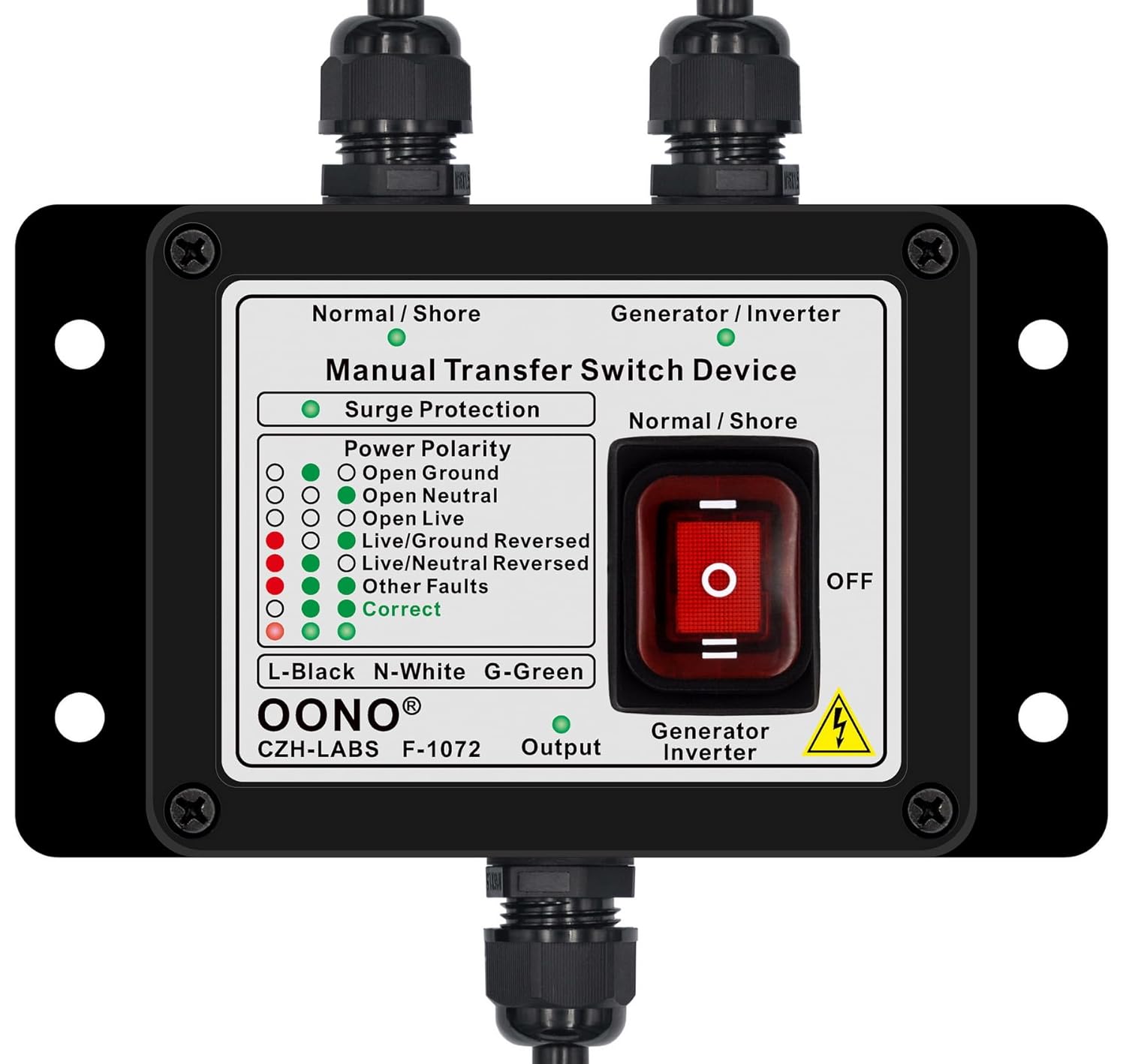 Manual Transfer Switch, AC120V 15Amp, with Surge Protection and Power Polarity Monitoring, for Generator, Inverter, Solar. OONO F-1072