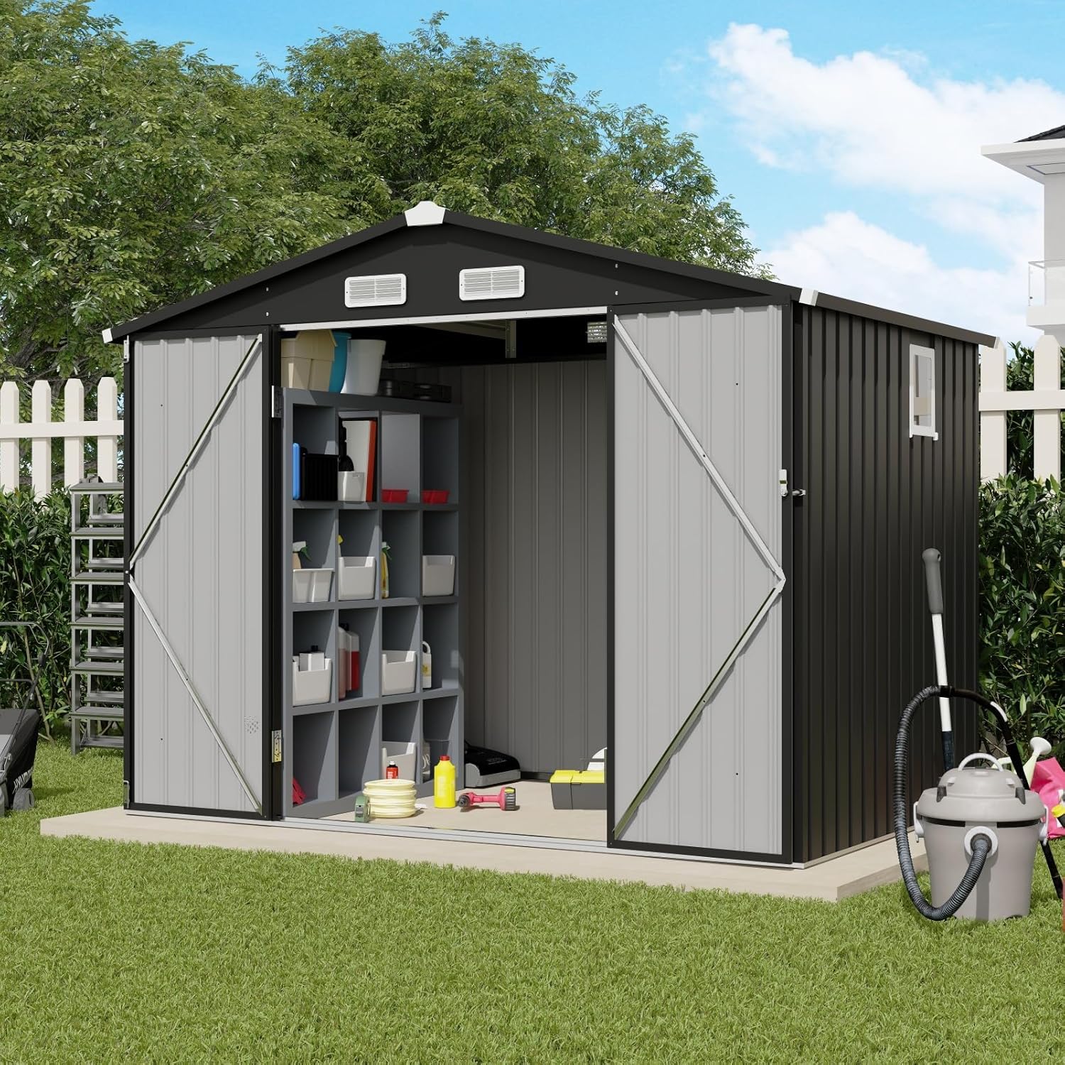 Verano Garden 8x6FT Outdoor Storage Shed, Galvanized Metal Steel Garden Shed with Upgrade Window, Double Door W/Lock, Bike Storage for Backyard, Patio, Lawn (96.85