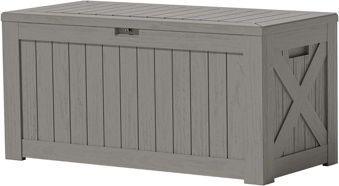 Patiowell 120 Gallon Large Deck Box, Outdoor Lockable Storage Box for Gardening Tools, Waterproof Deck Box for Patio Furniture, Light Brown
