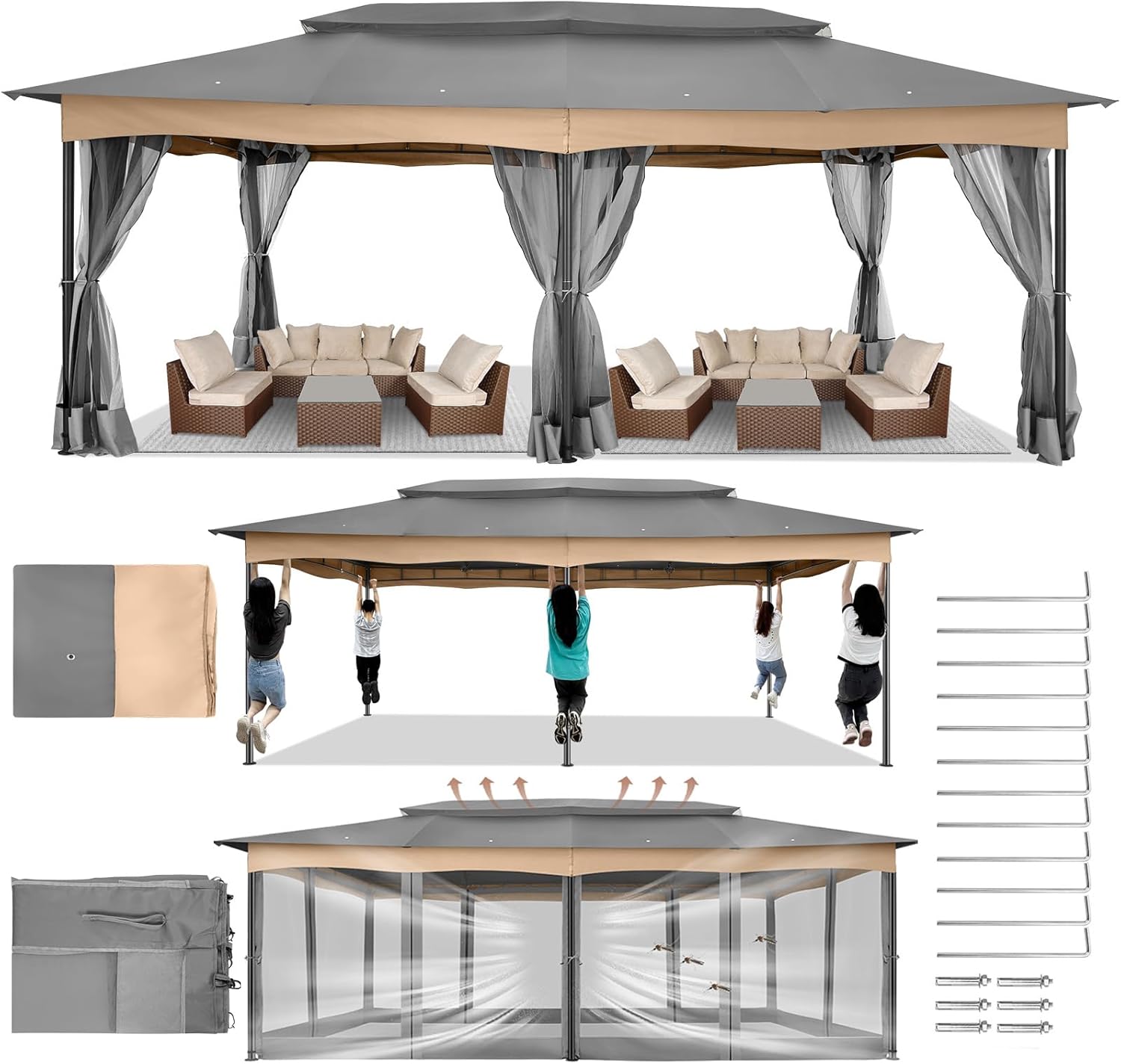 COBIZI Gazebo 12x20 Heavy Duty Gazebos with Improved Nettings Outdoor Gazebo Canopy Double Roof Patio Gazebos with Metal Steel Frame for Patio, Deck, Backyard (Gray)