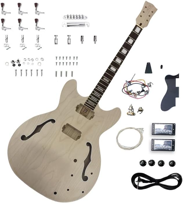 DIY Electric Guitar Kit ES 335 Style - 22 Fret 24.75 Inch Rosewood Fretbaord with Binding Set in Heel Solid Wood Body with Hardware for Build Guitars
