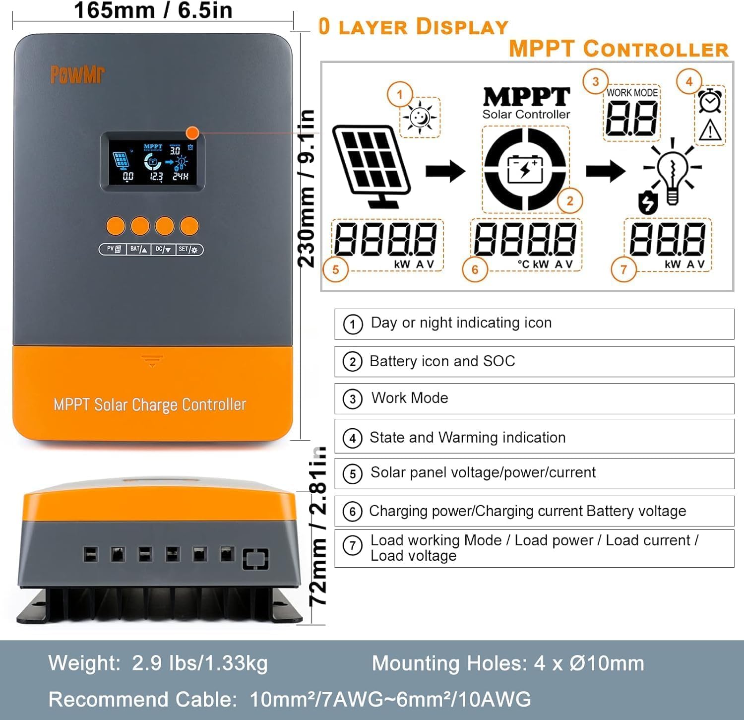 PowMr 60Amp MPPT Solar Charge Controller, 12V/24V/36V/48V Auto, Fit for Lead-Acid Lithium Battery, MAX 160V 2800W Input Solar Charge【Support Up to 12 Units in Parallel】