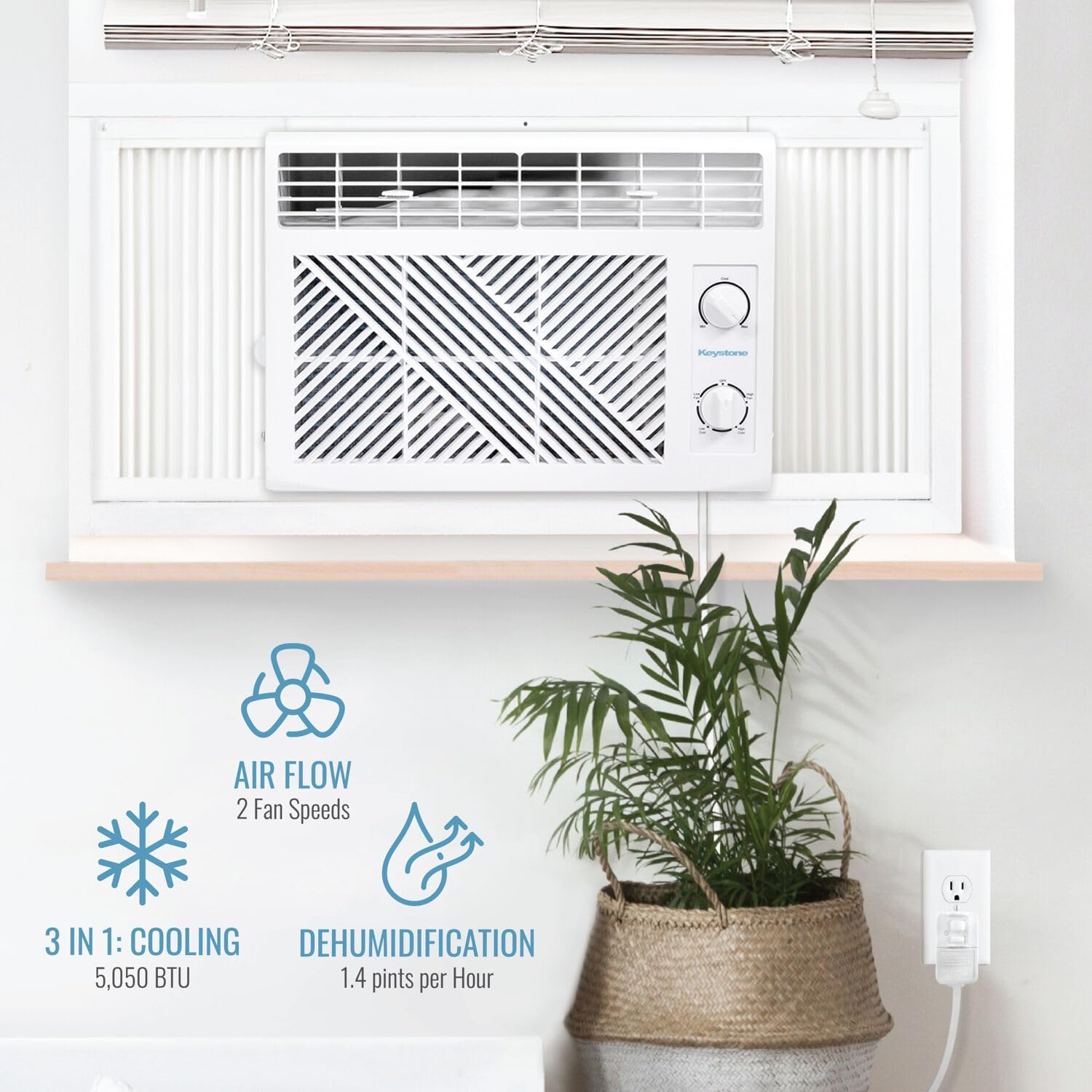 Keystone 5,050 BTU Window Mounted Air Conditioner, 115V, Window Air Conditioner for Apartment, Living Room, Bathroom and Rooms up to 150 Sq.Ft., White