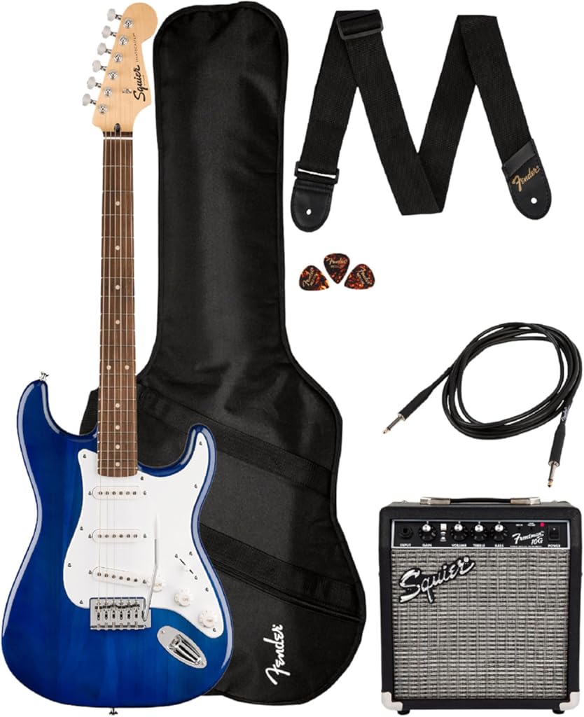Fender Squier Sonic Stratocaster Pack - Sapphire Blue Transparent Bundle with Frontman 10G Amp, Gig Bag, Instrument Cable, Strap, and Picks