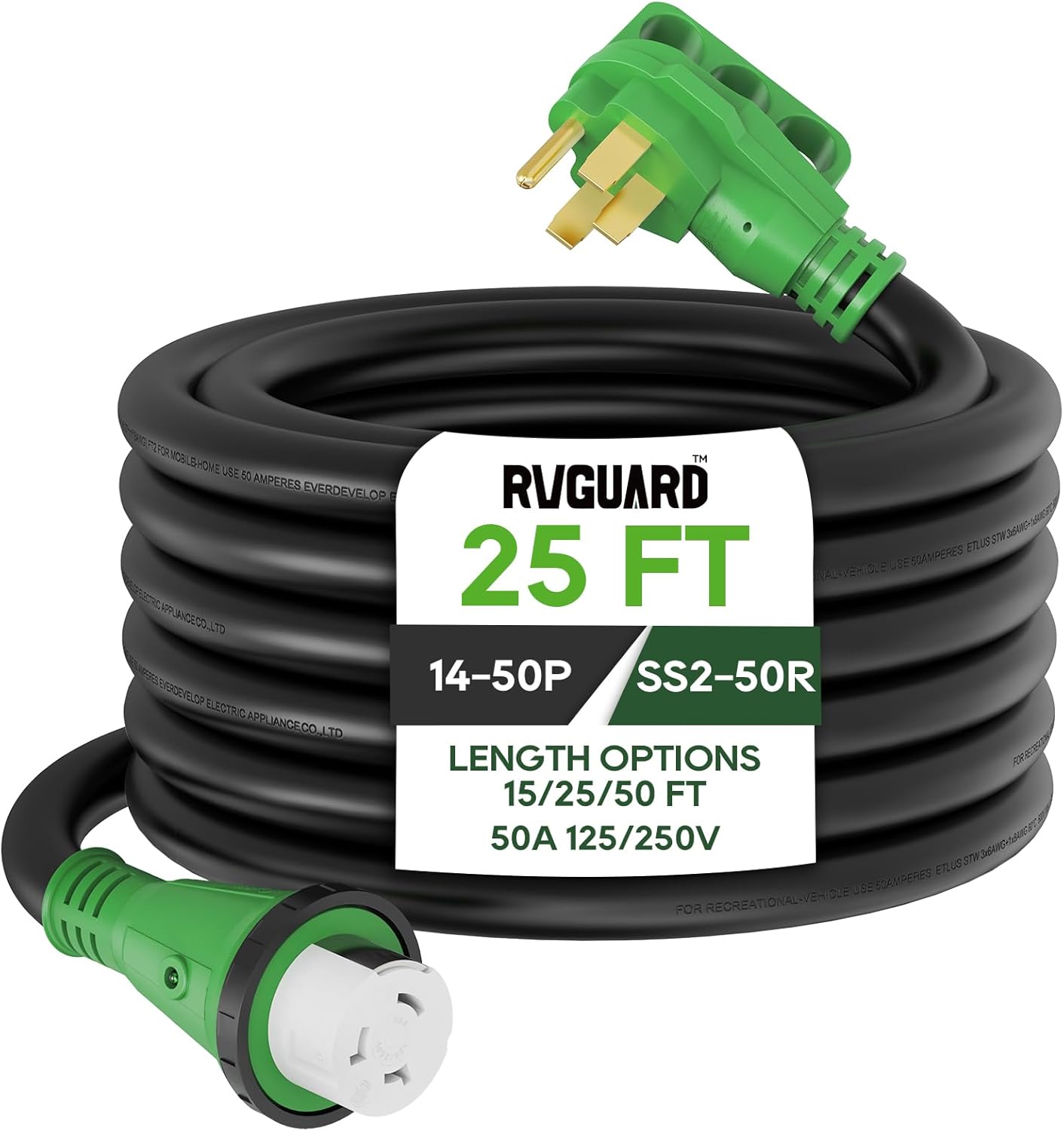 RVGUARD 50 Amp 25 Foot RV Power Cord, 14-50P to SS2-50R Generator Extension Cord, Heavy Duty STW Cord with LED Power Indicator and Cord Organizer, Green, ETL Listed