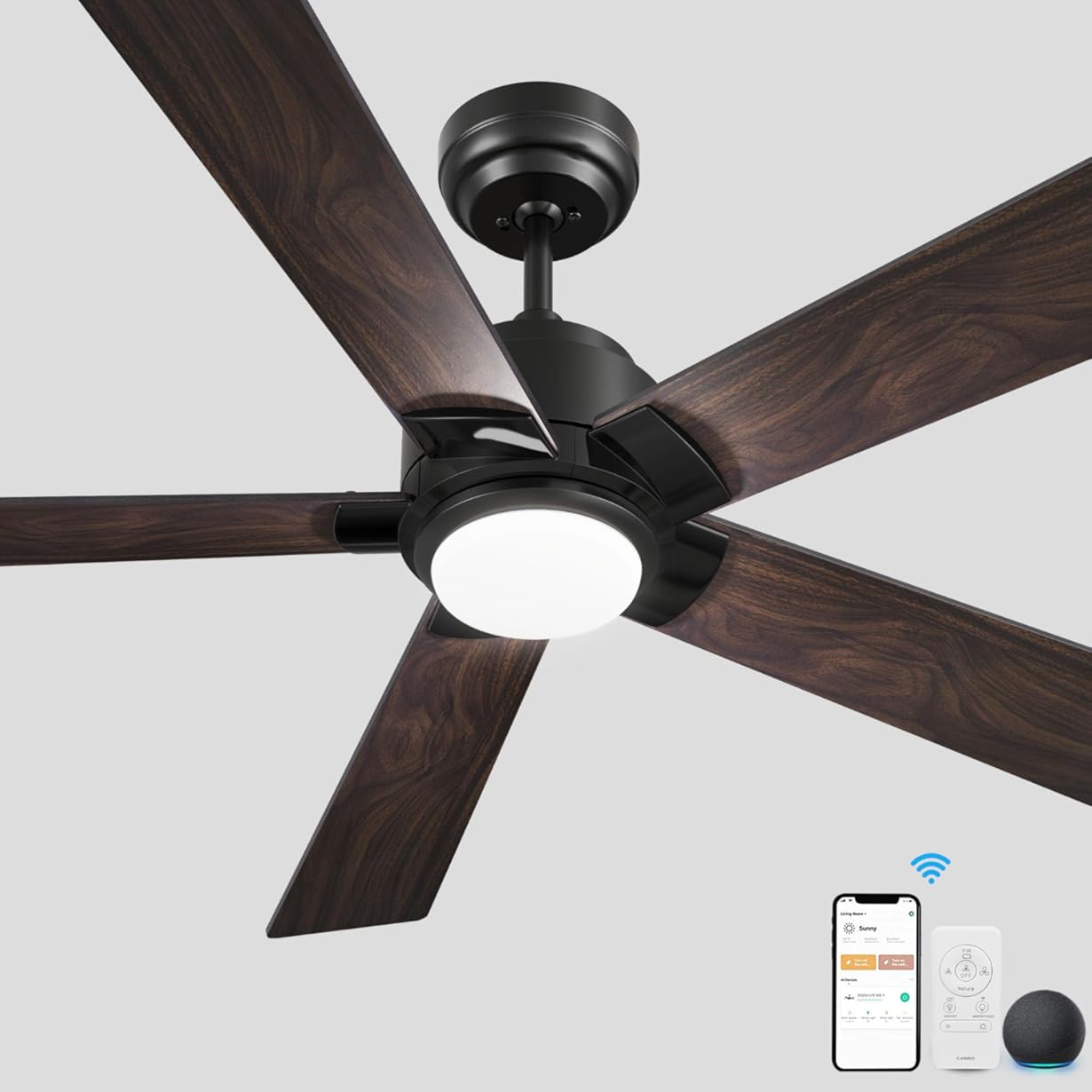 SMAAIR Smart WiFi LED Ceiling Fan, 52inch Plywood Outdoor Smart Ceiling Fan with Remote, App Control with Timer and Schedule, Compatible with Alexa/Google Assistant/Siri Shortcuts (Black/Walnut)