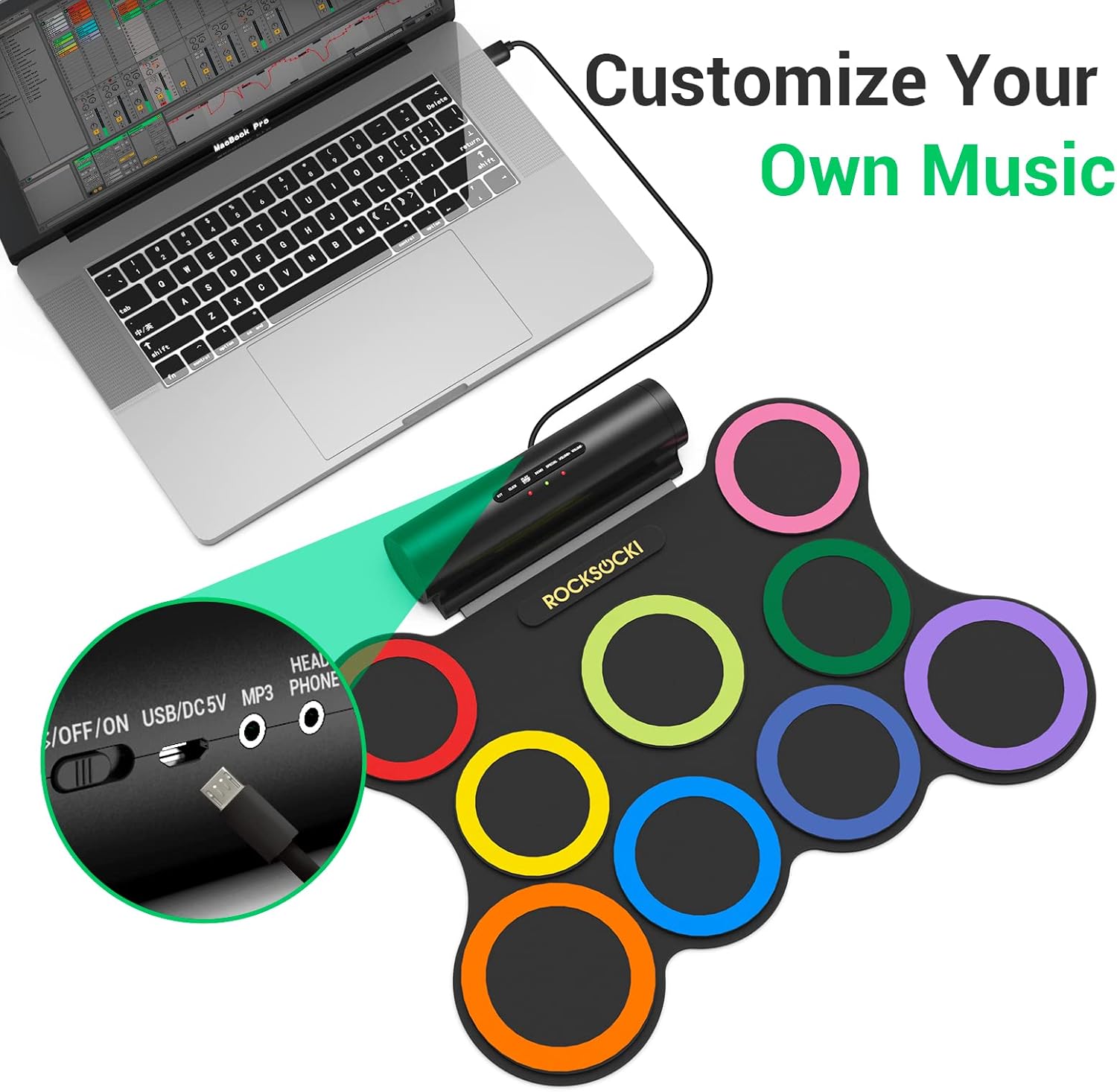 ROCKSOCKI Electric Drum Set 9-Pad With Headphone, Bigger Roll-up Drum Pad USB MIDI Game, Built-in Speaker, Drum Sticks, Foot Pedals 10 Hours Playtime Holiday Xmas Birthday Gift for Kids