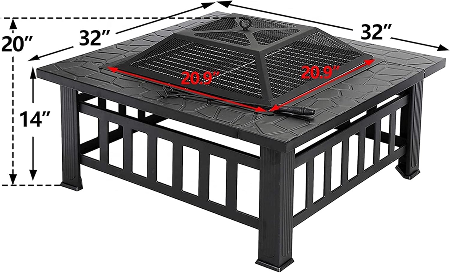 Outdoor Fire Pit Table, 3 in 1 Square Firepit for Barbecue, Patio Heater, Ice Pit, Metal Brazier Bonfire Firepit, w/Spark Cover Screen & Poker & BBQ Grill Grate