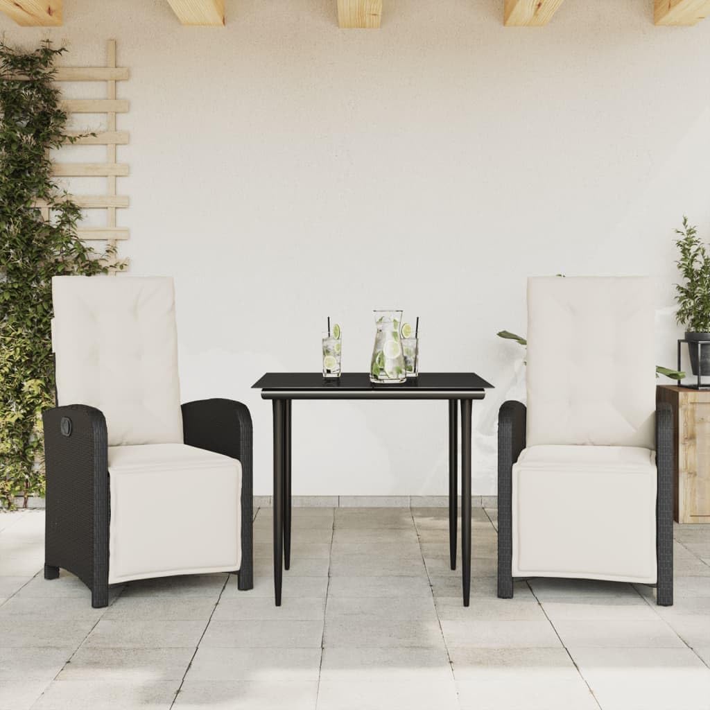 3 Piece Bistro Set with Cushions Black Poly Rattan,Comfortable Adjustable Patio Bistro Set with Durable Rattan and Tempered Glass Table Outdoor Furniture Sets, Patio Furniture